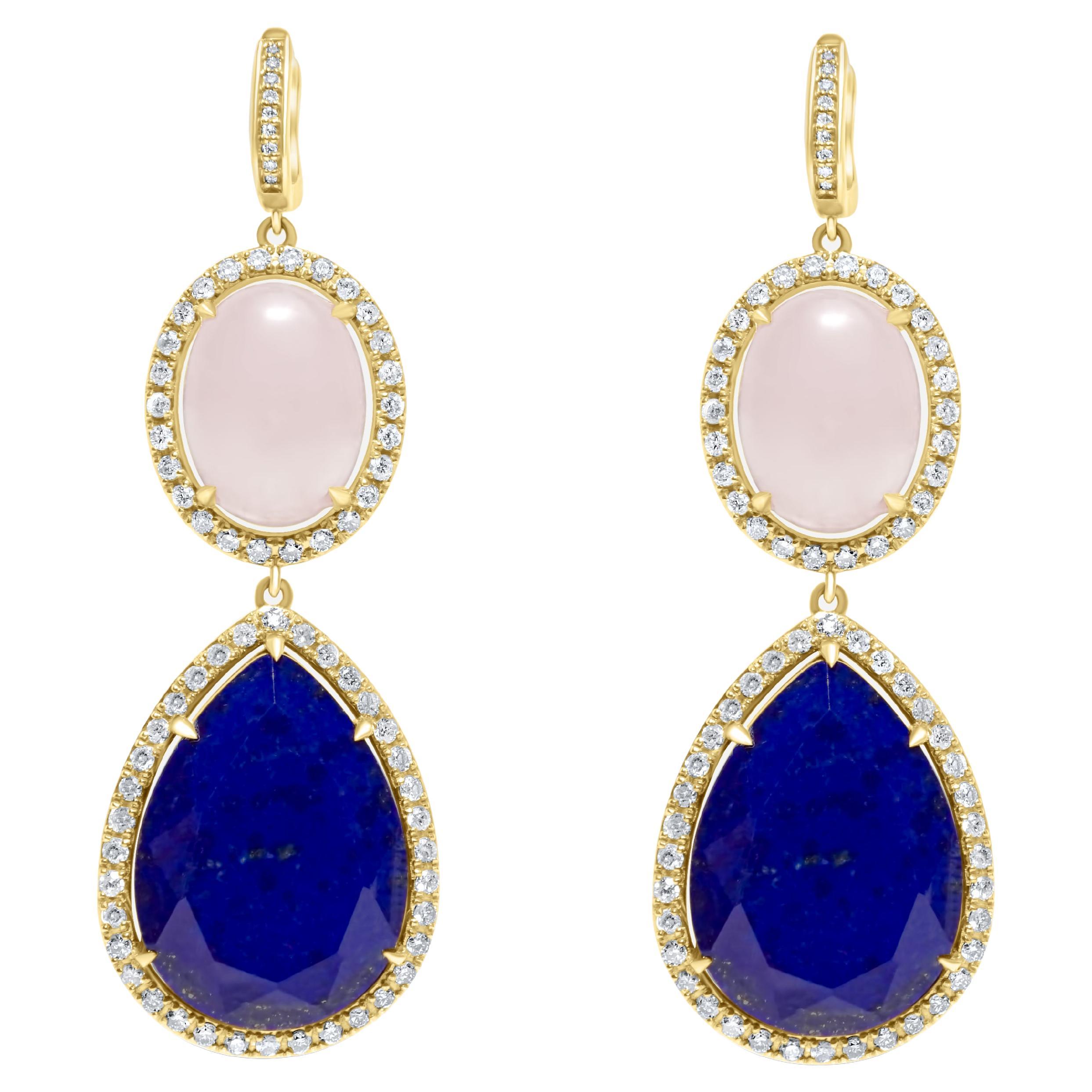 Boucles d'oreilles en or jaune 14 carats avec quartz rose, lapis-lazuli et halo de diamants en vente