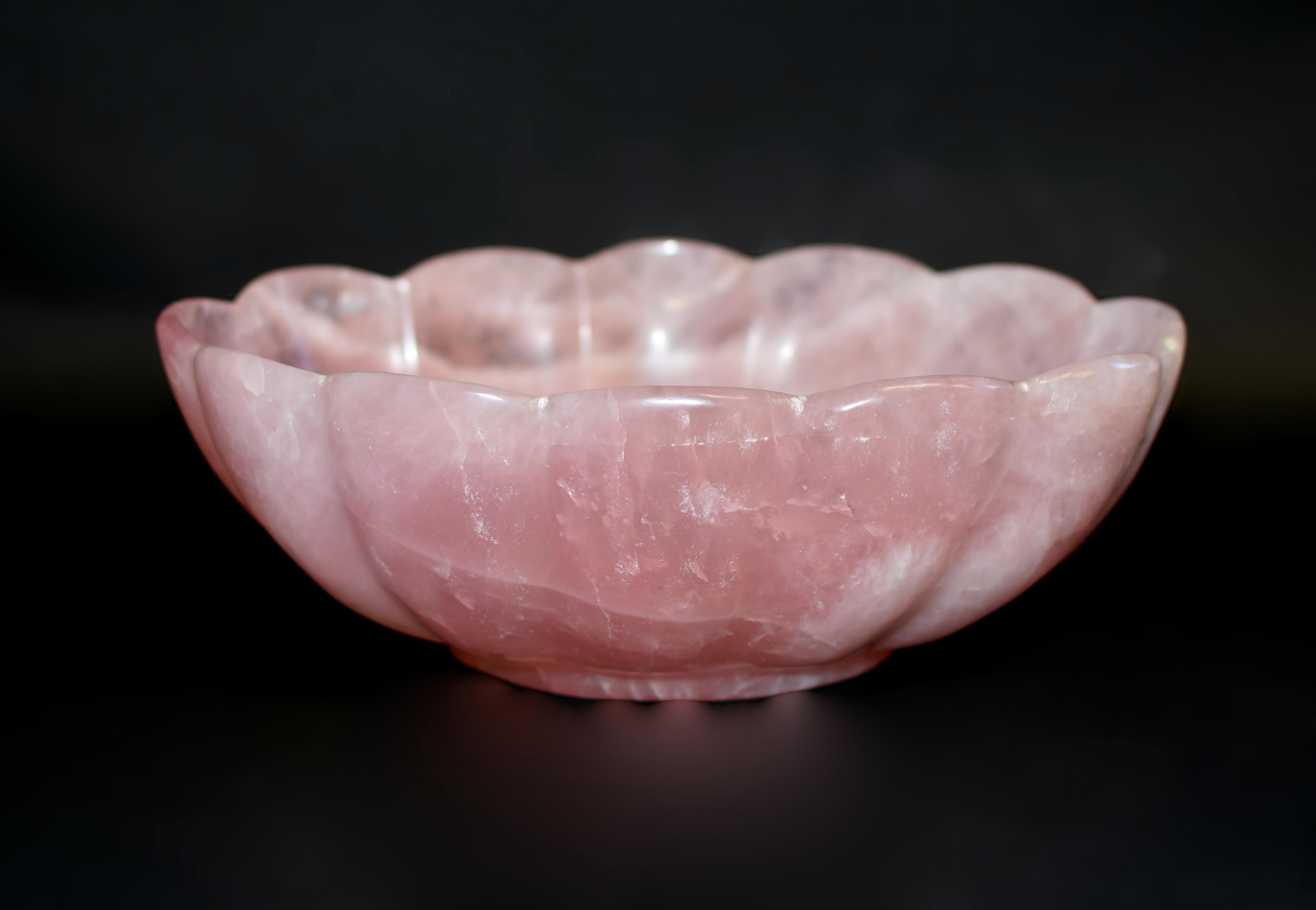 Hand-Carved Rose Quartz Lotus Bowl 11