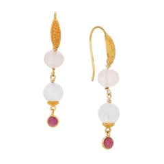 Rose Quartz, Moonstone, and Pink Tourmaline Earrings in 18 Karat Yellow Gold