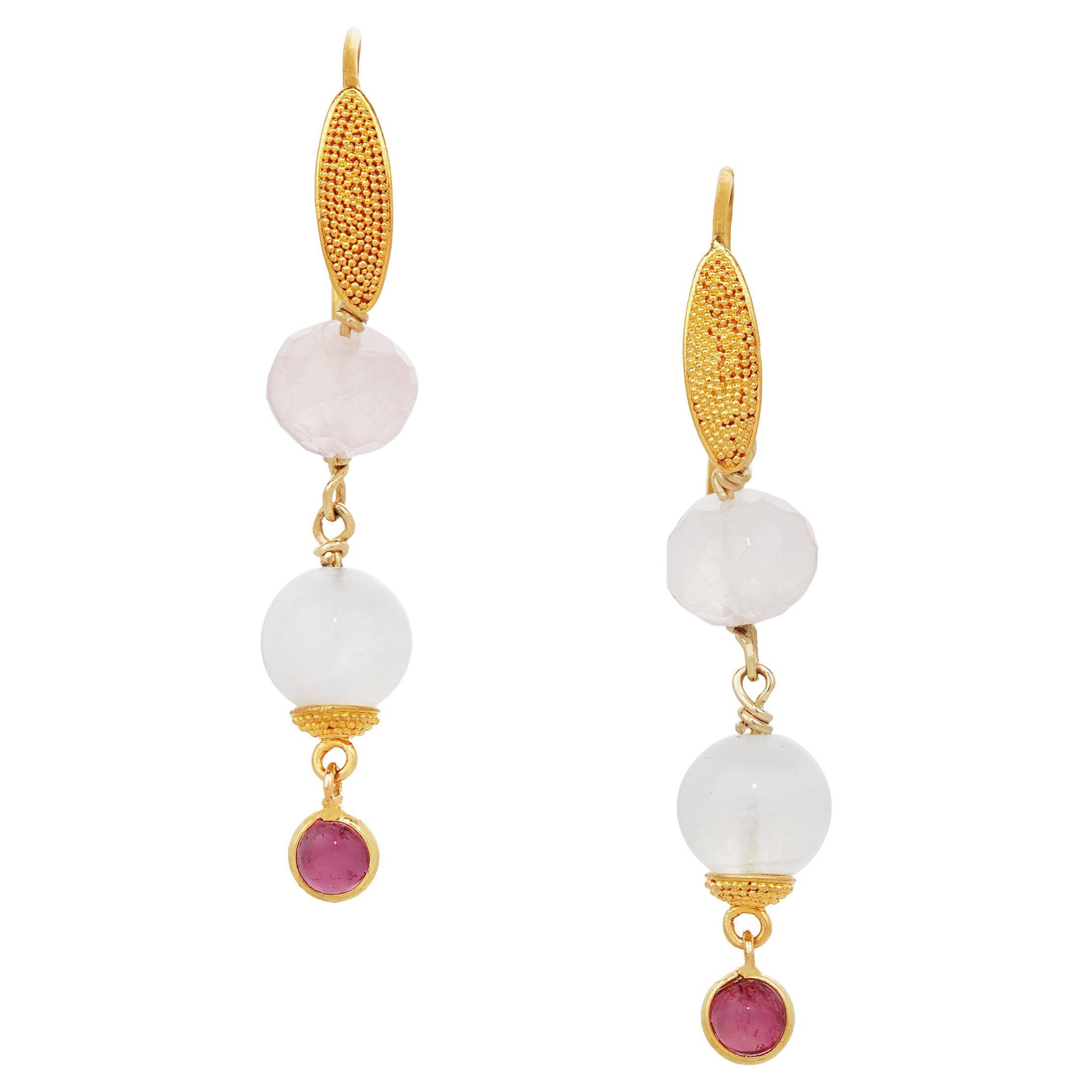 Rose Quartz, Moonstone, and Pink Tourmaline Earrings in 18 Karat Yellow Gold For Sale