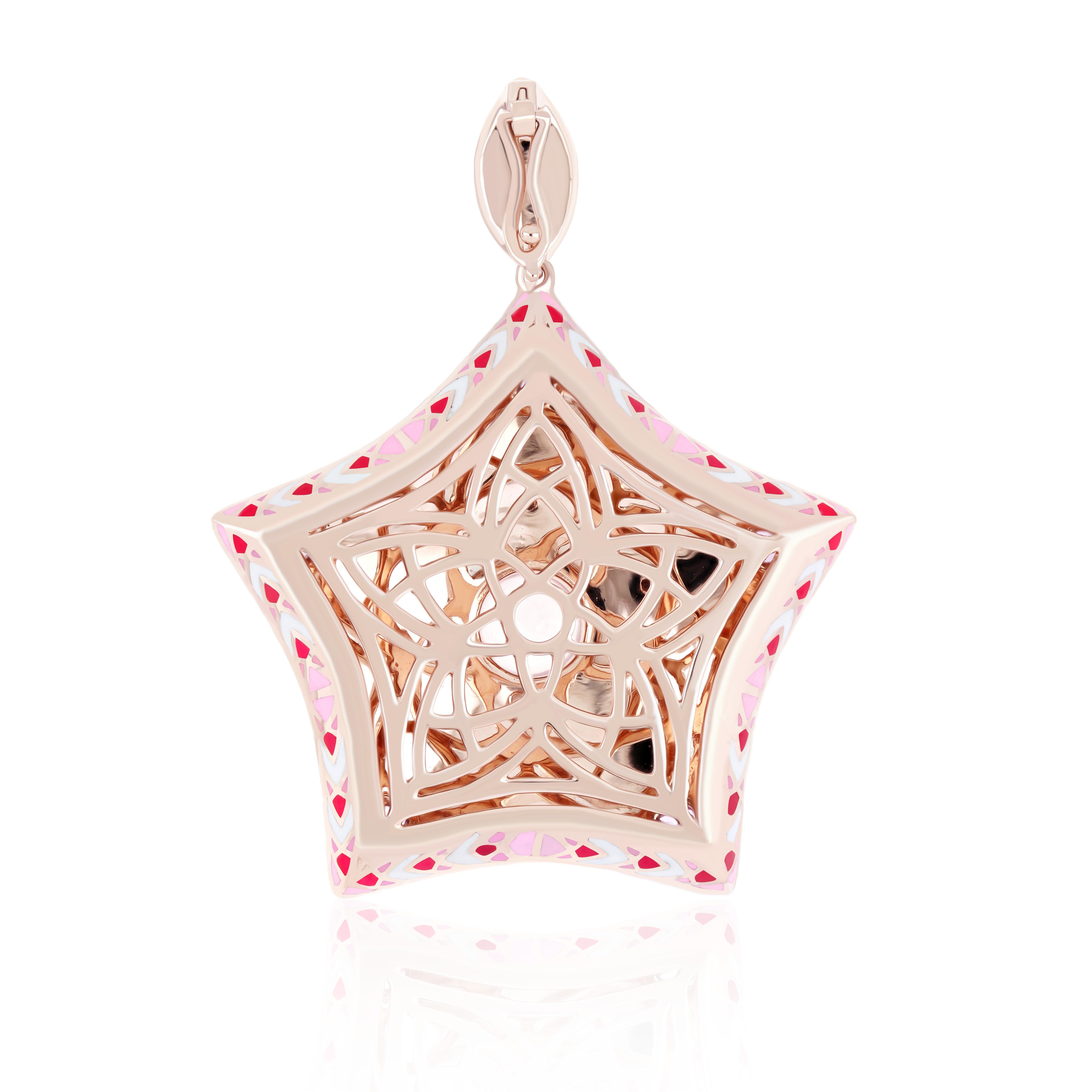 Round Cut Rose Quartz, MOP, Pink Sapphire & Diamond Pendant With Enamel in 14k Rose Gold  For Sale