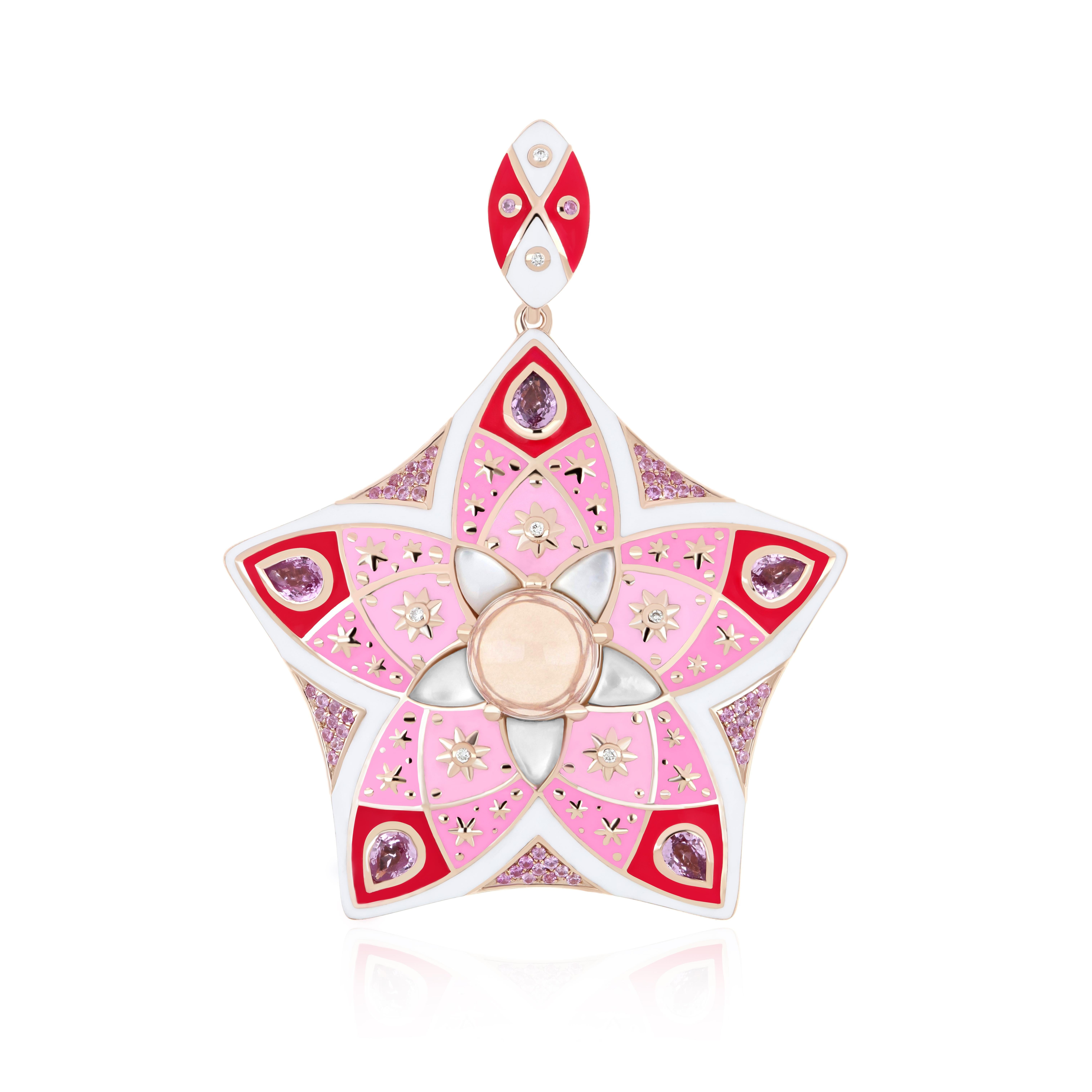 Women's Rose Quartz, MOP, Pink Sapphire & Diamond Pendant With Enamel in 14k Rose Gold  For Sale