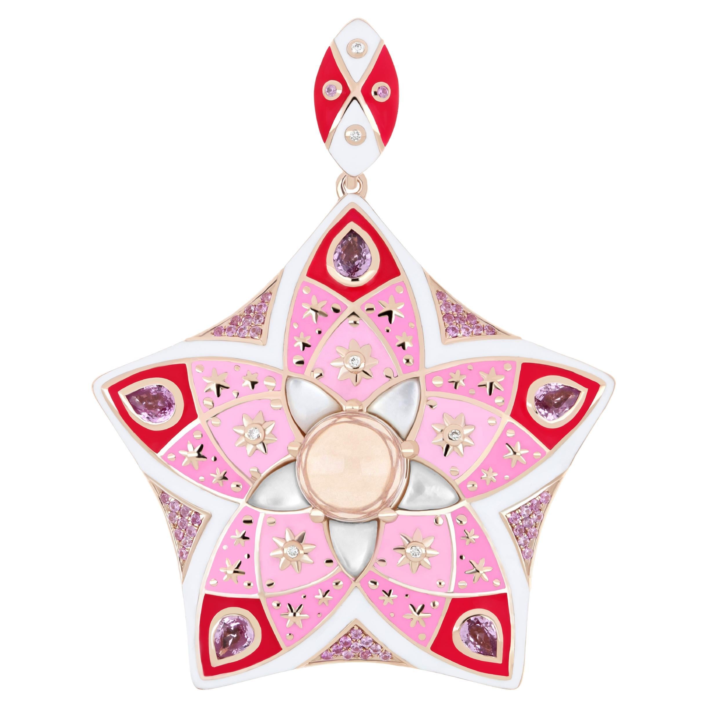 Rose Quartz, MOP, Pink Sapphire & Diamond Pendant With Enamel in 14k Rose Gold 