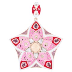 Rose Quartz, MOP, Pink Sapphire & Diamond Pendant With Enamel in 14k Rose Gold 