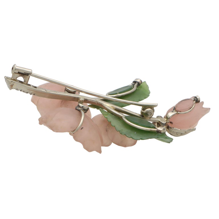 Retro Rose Quartz, Nephrite, Ruby and Diamond Floral Spray Brooch Set in 14k Gold For Sale