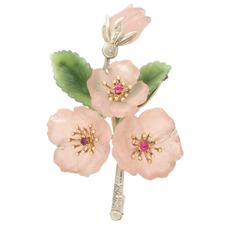 Rose Cut Rose Quartz, Nephrite, Ruby and Diamond Floral Spray Brooch Set in 14k Gold For Sale