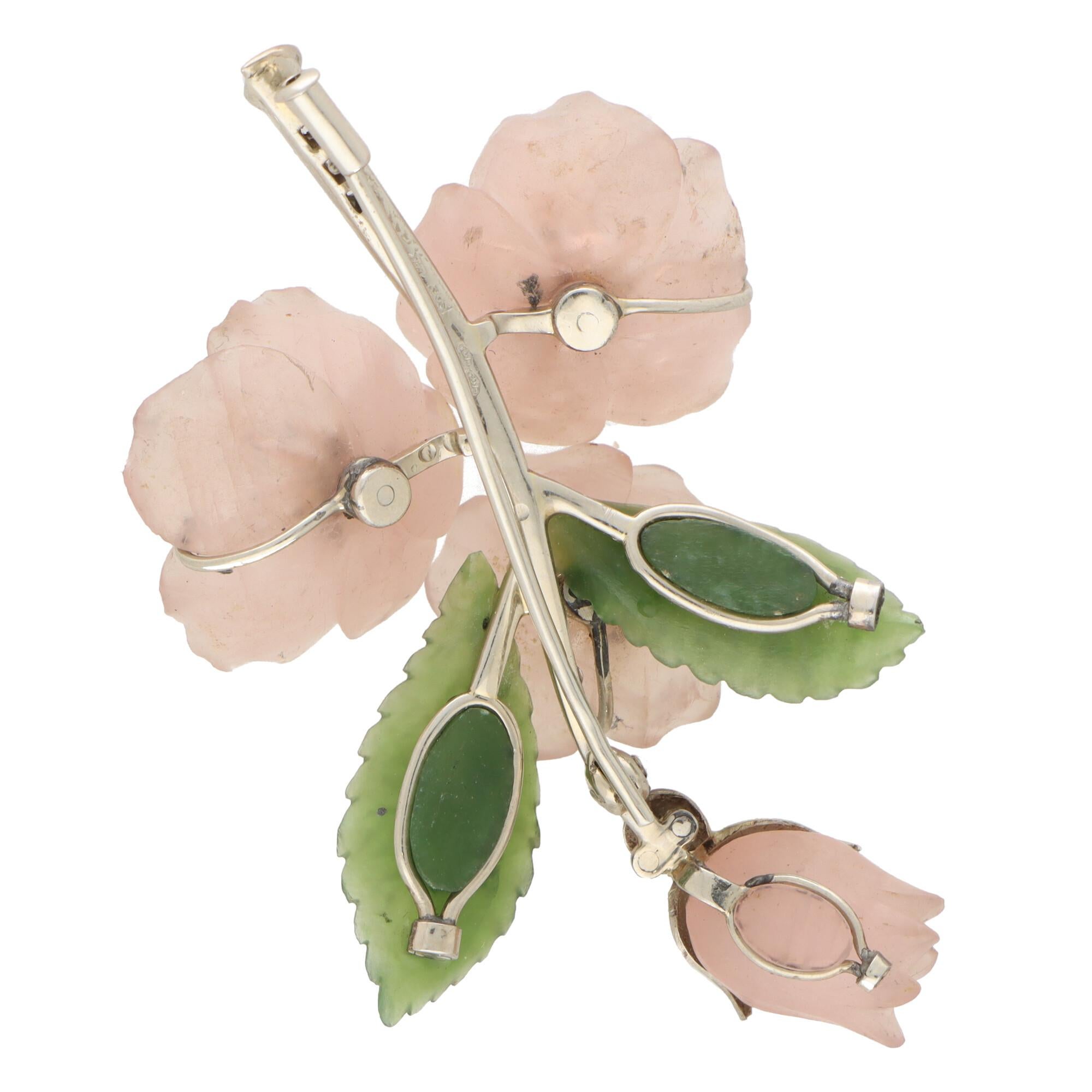 Retro Rose Quartz, Nephrite, Ruby and Diamond Floral Spray Brooch Set in 14k Gold For Sale