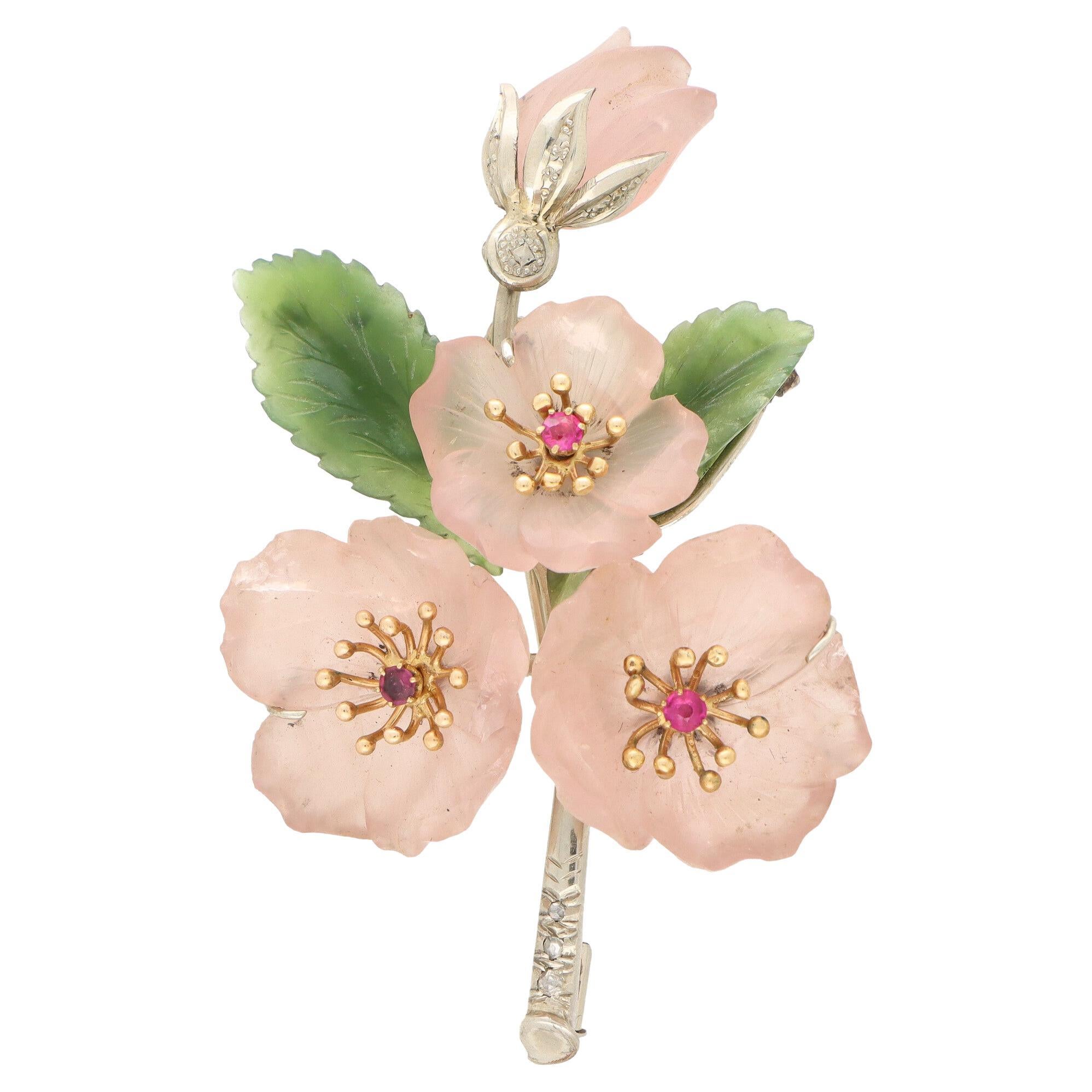 Rose Quartz, Nephrite, Ruby and Diamond Floral Spray Brooch Set in 14k Gold For Sale