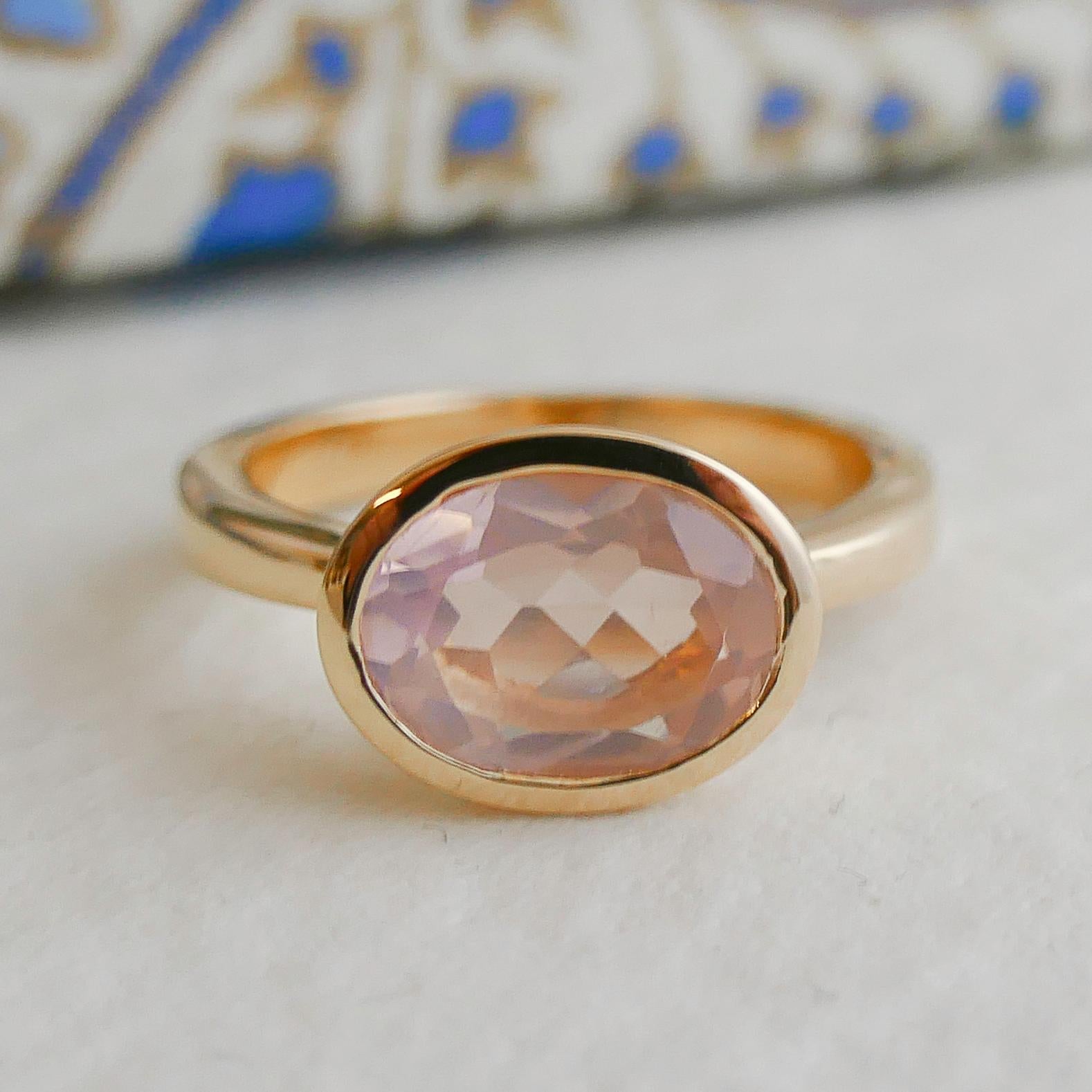 Rose Quartz Oval Gold Plated Sterling Silver Ring For Sale 1