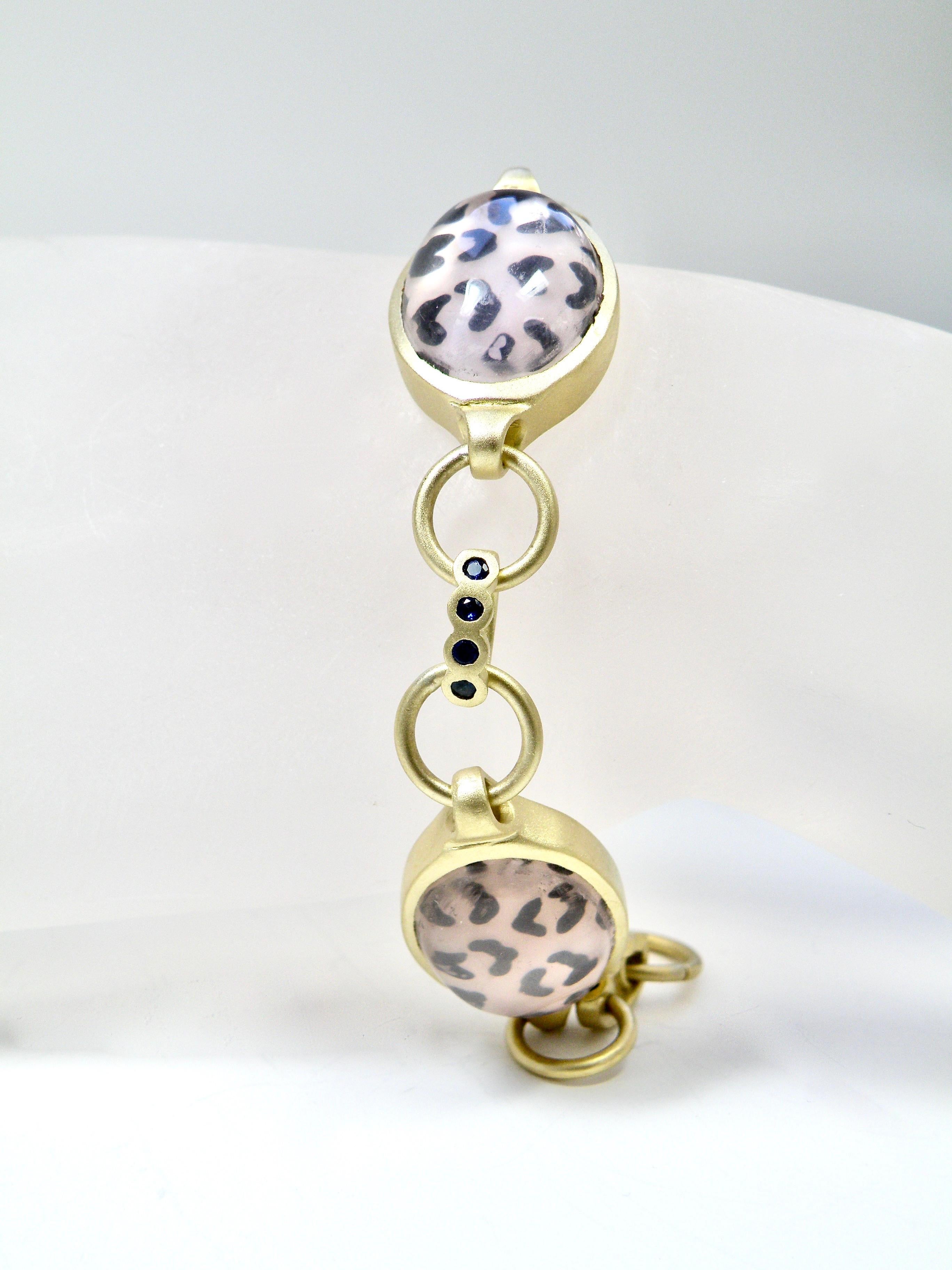 Cabochon Rose Quartz Painted Leopard Bracelet For Sale