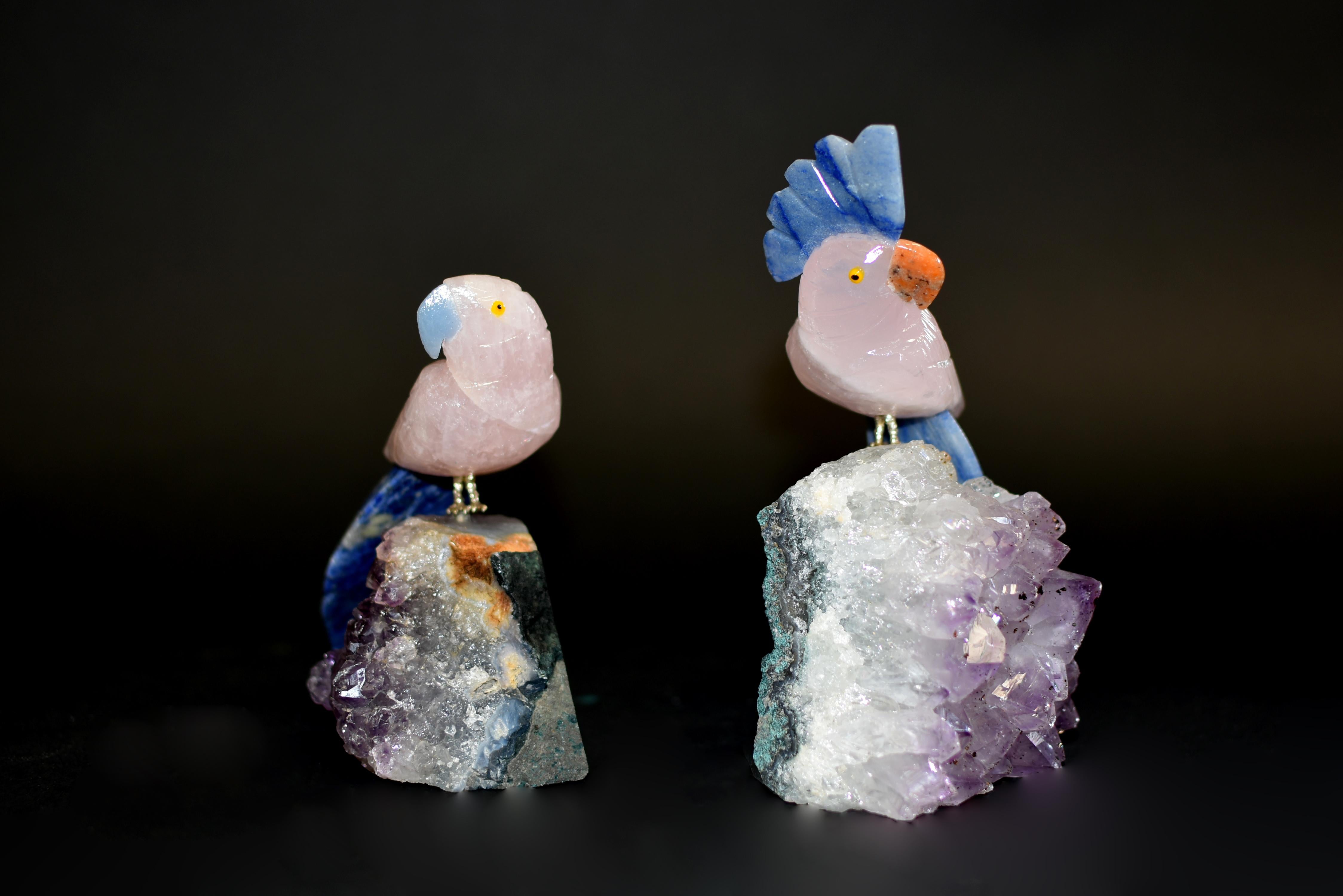 Contemporary Rose Quartz Parrots Crystal Birds on Amethyst For Sale