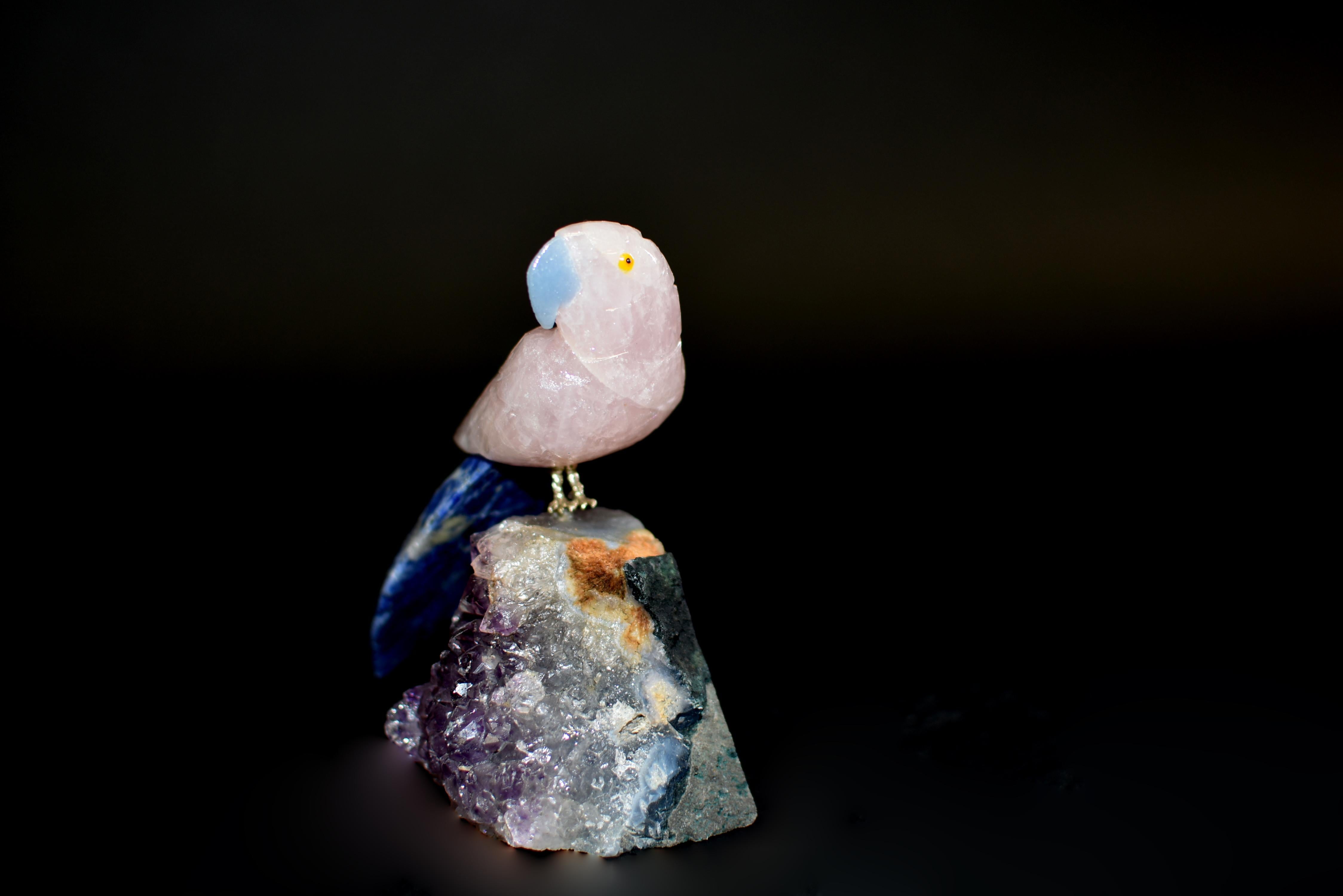 Rose Quartz Parrots Crystal Birds on Amethyst In Good Condition In Somis, CA