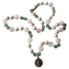 Rose Quartz Pearl Chrysoprase Bead Necklace Vintage Medal J Dauphin