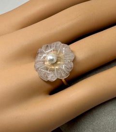 Rose Quartz Pearl Flower Ring Antique Art Deco 14 Karat Gold Hand Carved