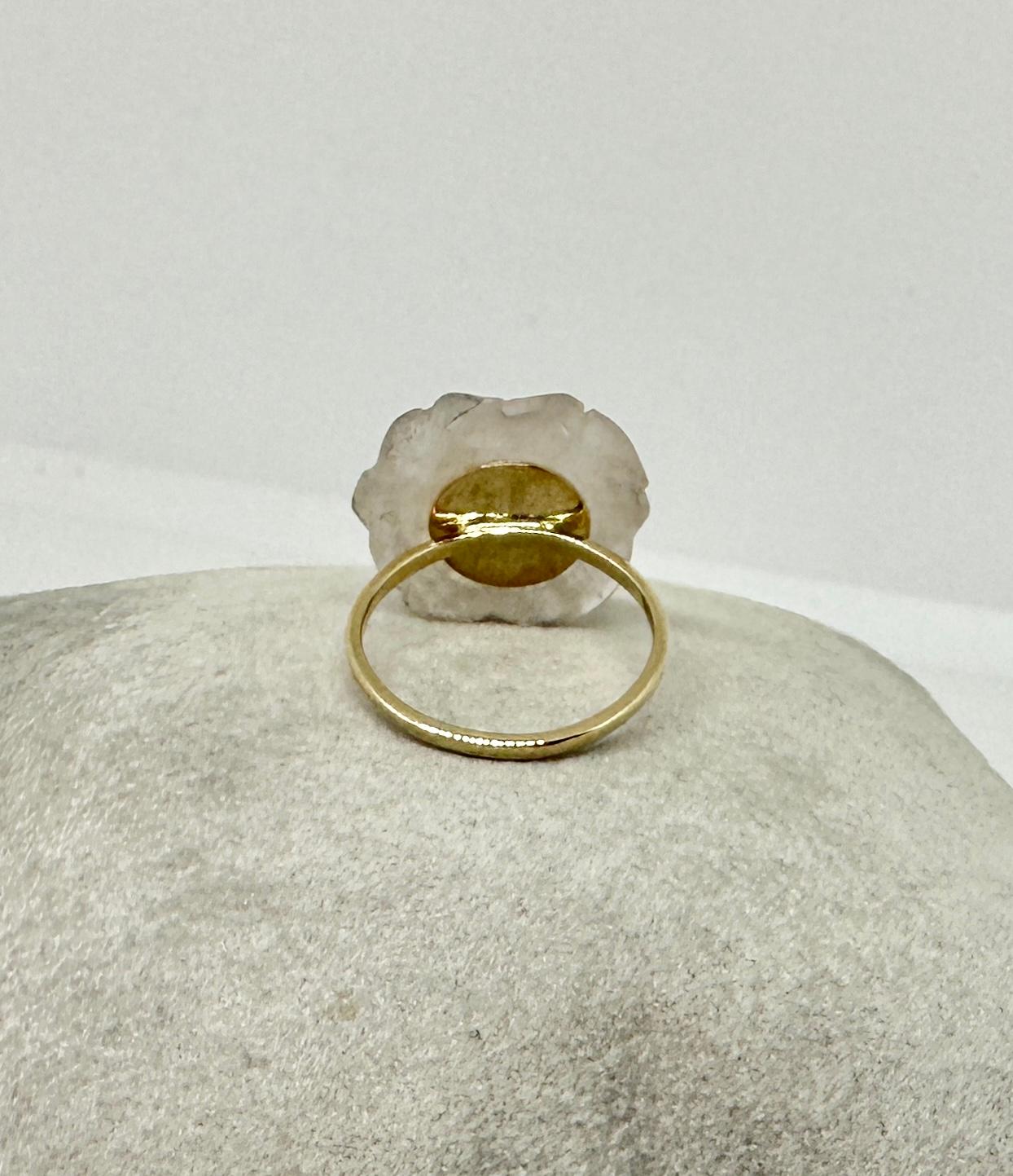 Women's Rose Quartz Pearl Flower Ring Antique Art Deco 14 Karat Gold Hand Carved For Sale