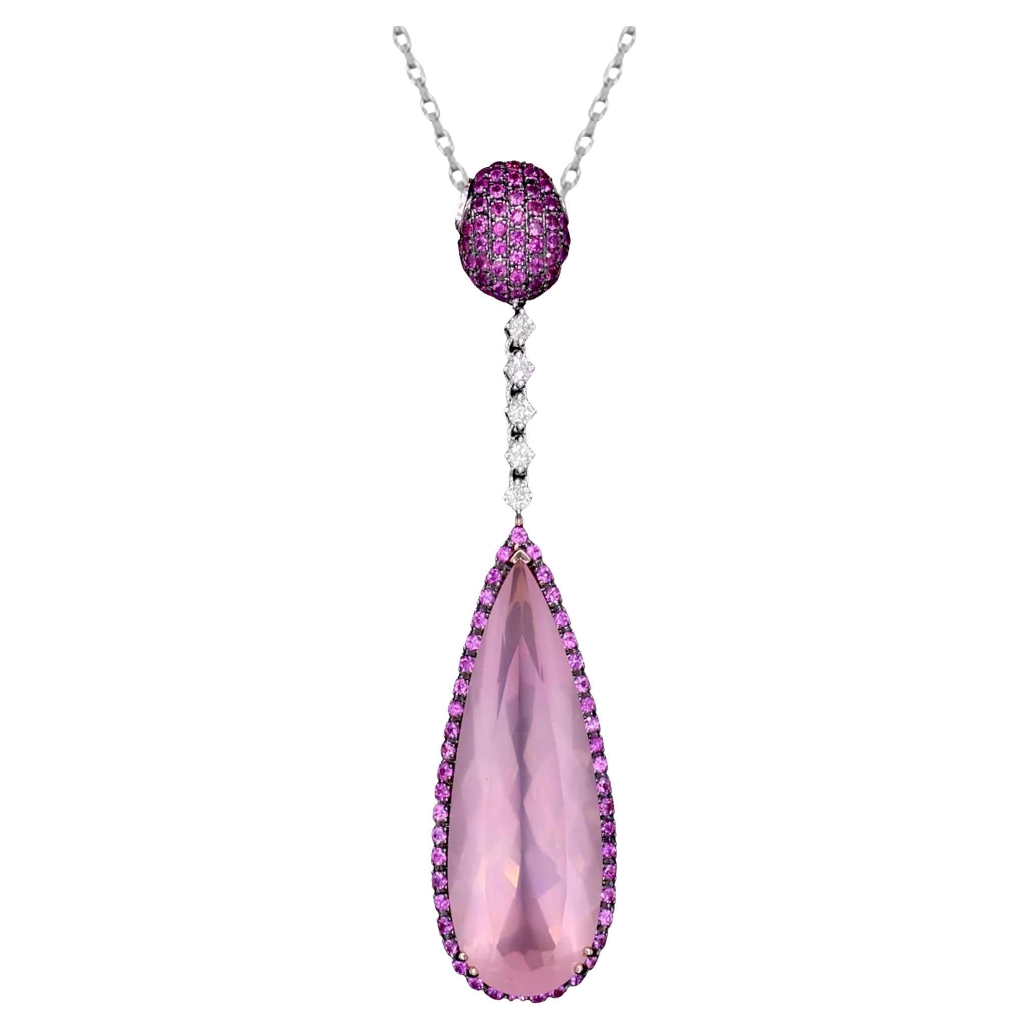 Rosenquarz-Anhänger mit rosa Saphiren und Diamanten 17 Karat 18K Gold