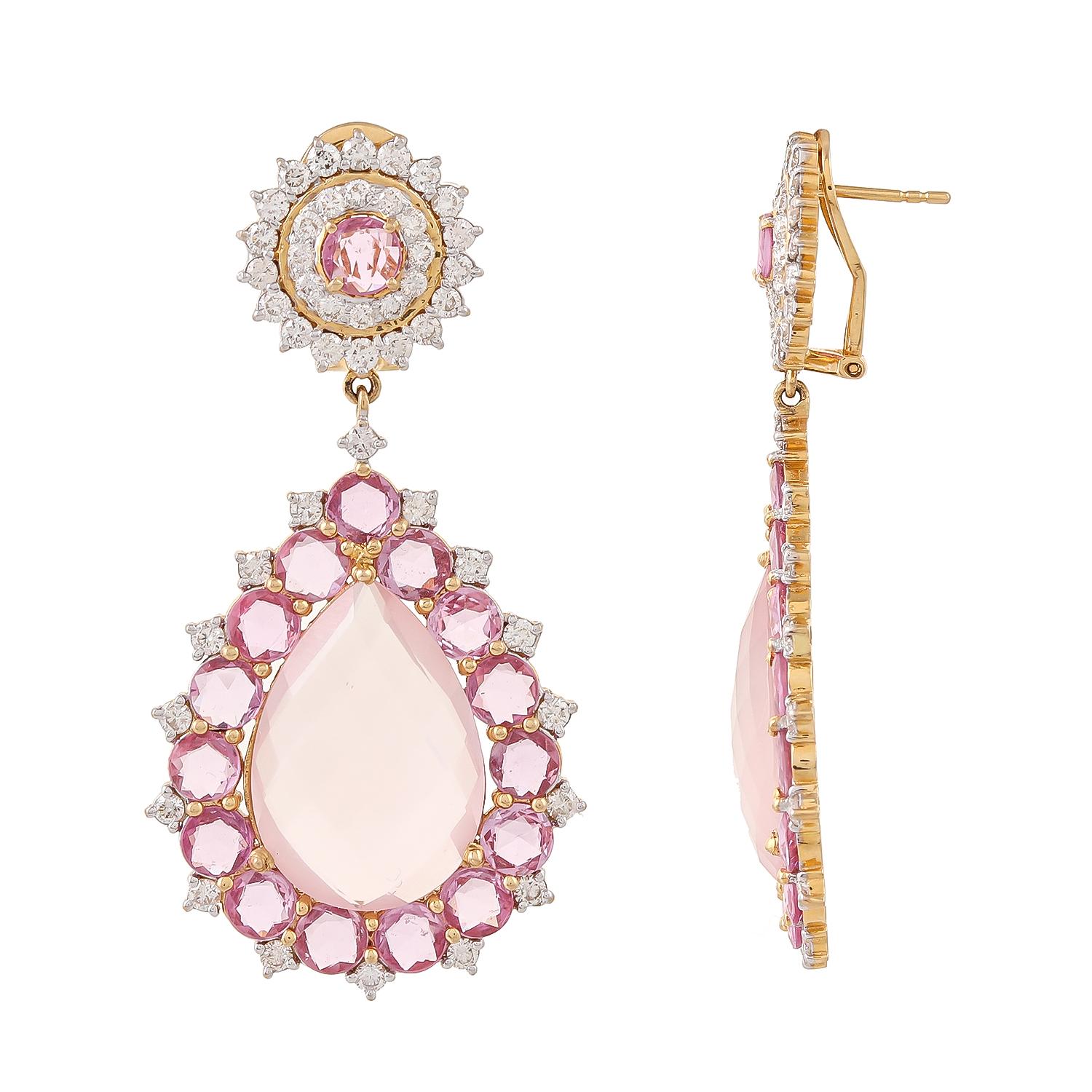 Enchanting Pinks - Rose quartz checker cut teardrop weighing 25.16ct is accented by pink sapphire rose cuts weighing 14.43ct and diamonds with a total diamond weight of 3.73 carats set in 18kt gold to give it a delicate feminine feel.
Art of