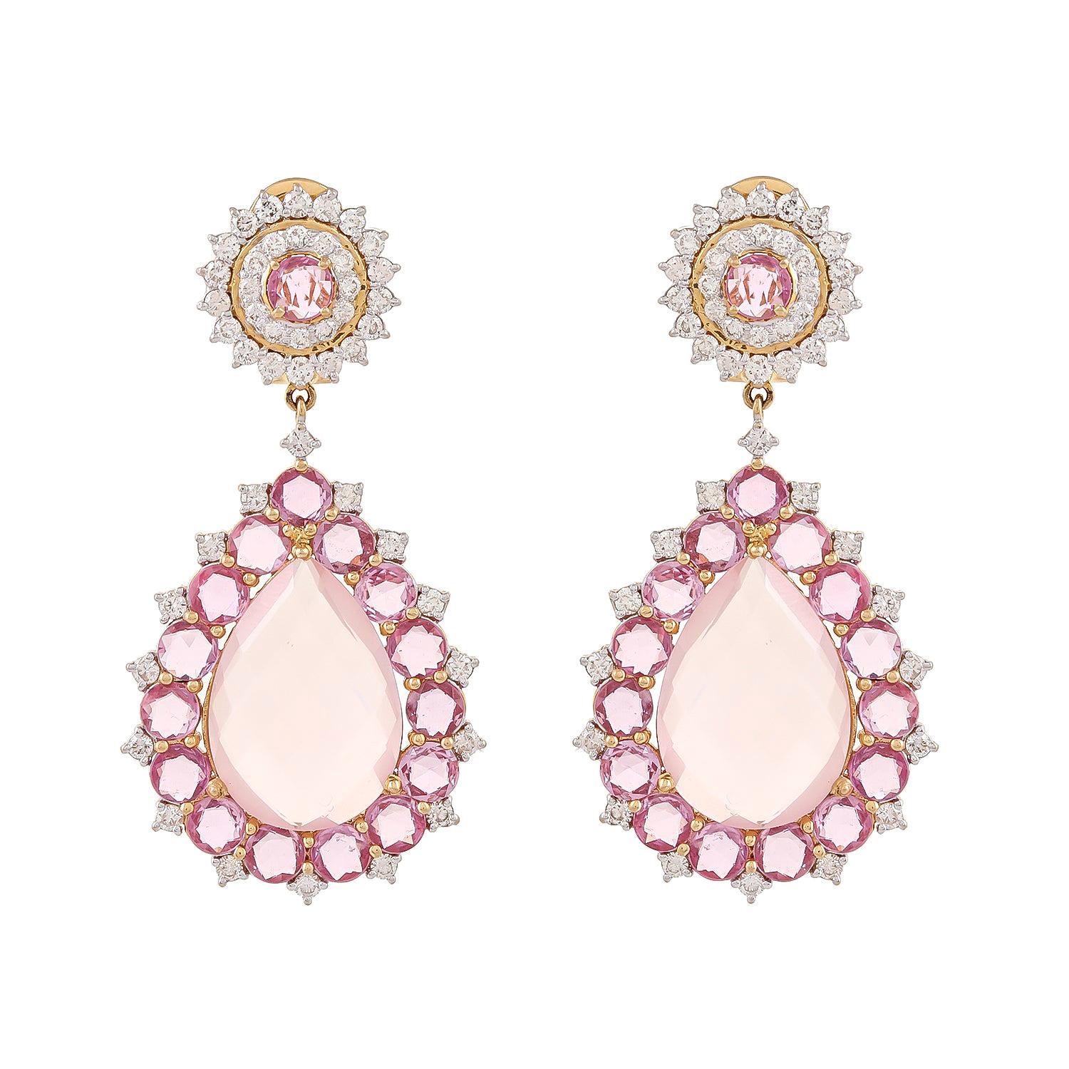 Rose Quartz Pink Sapphire And Diamond 18 Karat Gold Diamond Teardrop Earring For Sale