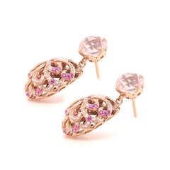 Cuarzo rosa, zafiro rosa, diamante, oro rosa de 18 quilates, pendientes en forma de huevo de filigrana