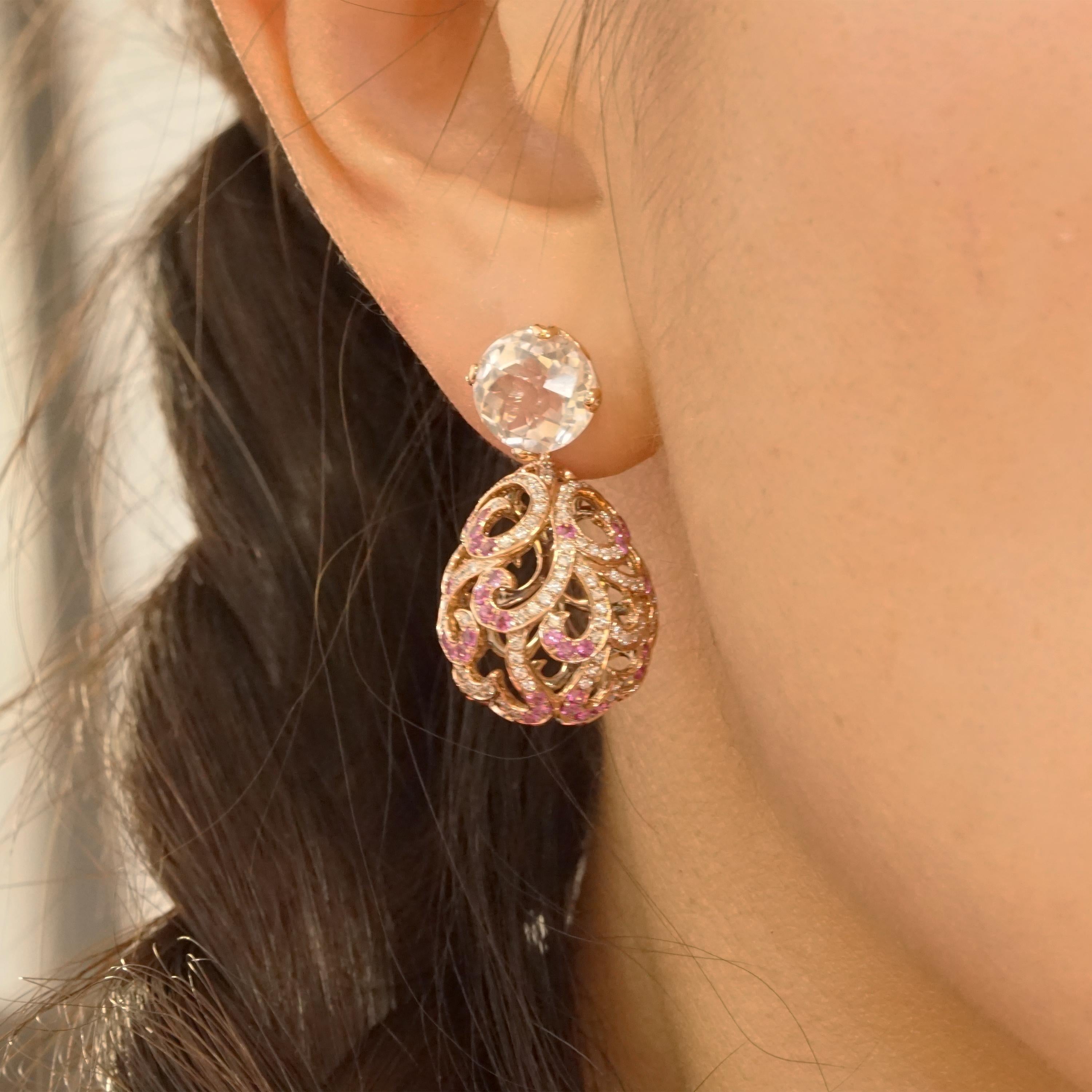 Contemporary Rose Quartz, Pink Sapphire Diamond 18 Karat Rose Gold Filigree Egg Drop Earrings