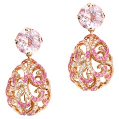Rose Quartz, Pink Sapphire Diamond 18 Karat Rose Gold Filigree Egg Drop Earrings
