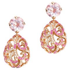 Cuarzo rosa, zafiro rosa, diamante, oro rosa de 18 quilates, pendientes en forma de huevo de filigrana