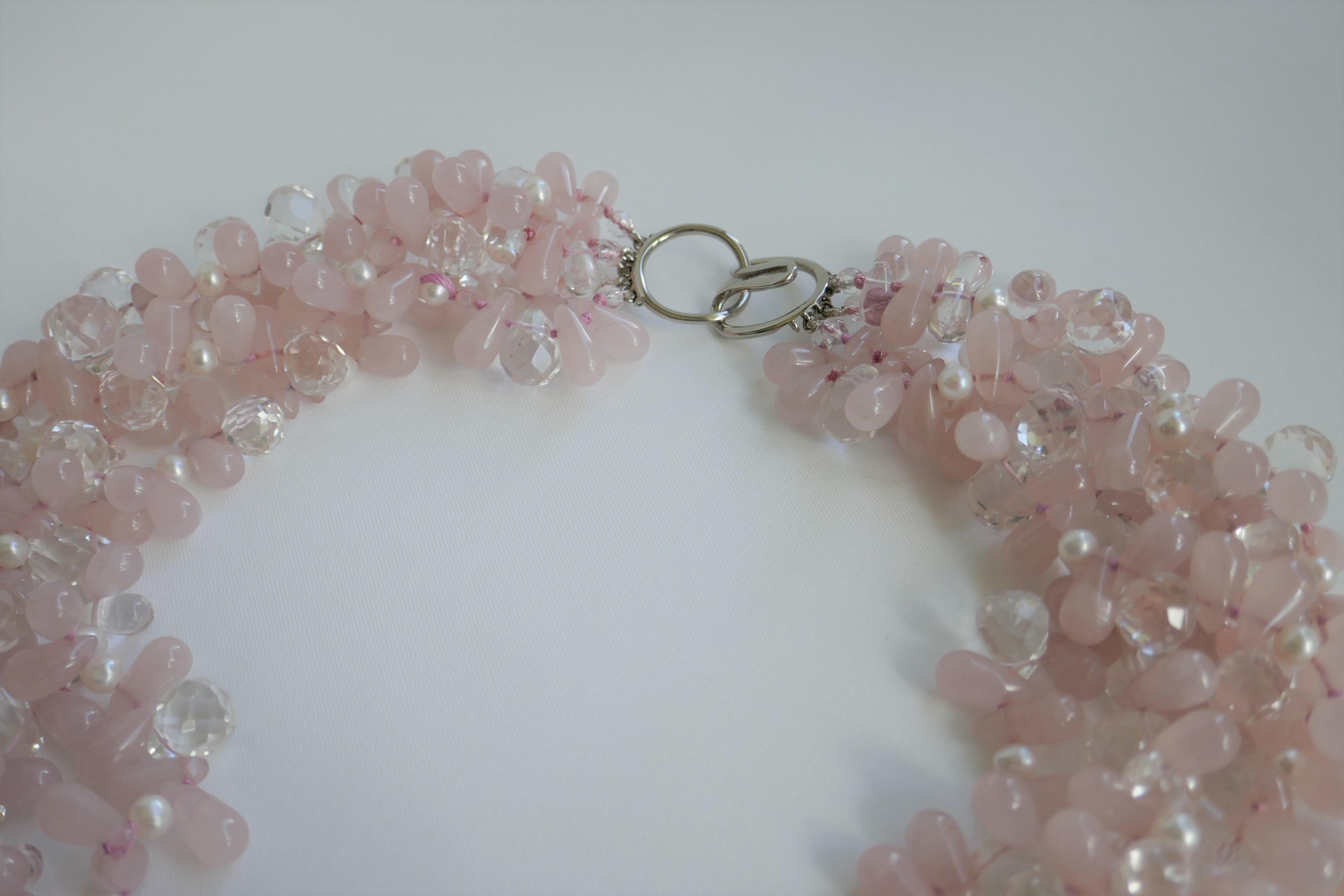 Rose Quartz Rock Crystal, Cultured Pearl 925 Silver Gemstone Necklace In New Condition For Sale In Coral Gables, FL
