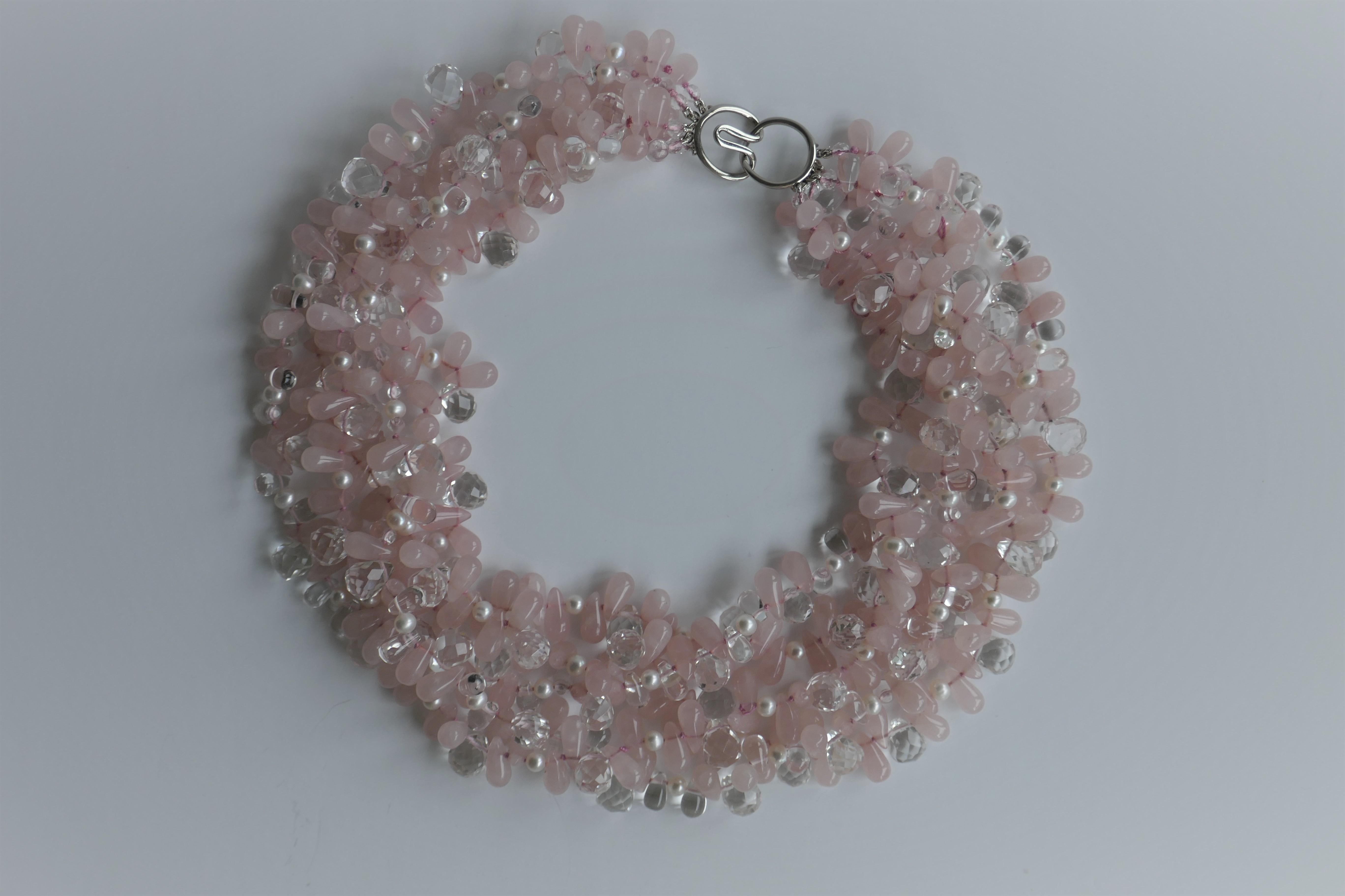 Rose Quartz Rock Crystal, Cultured Pearl 925 Silver Gemstone Necklace For Sale 1