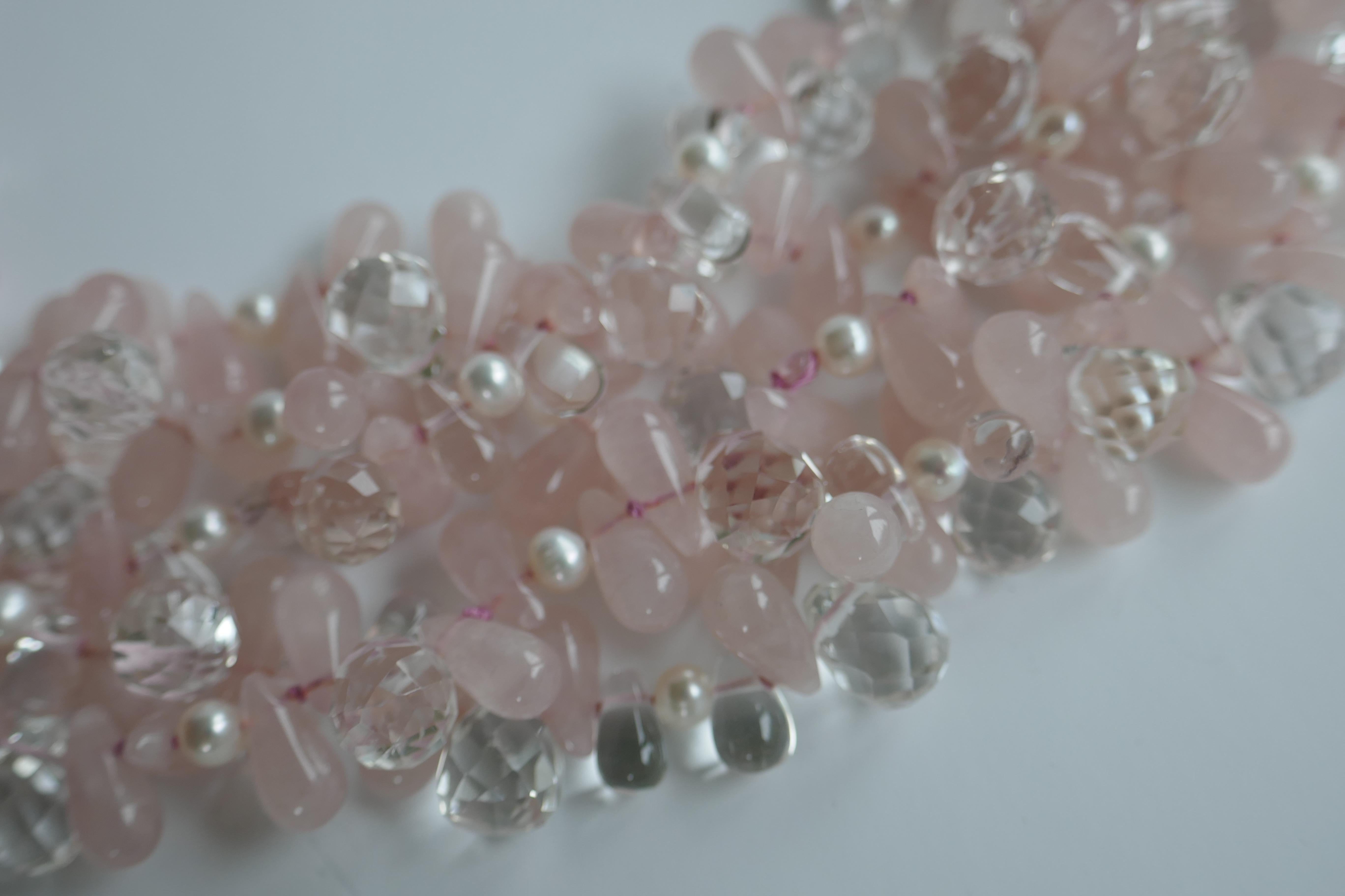 Rose Quartz Rock Crystal, Cultured Pearl 925 Silver Gemstone Necklace For Sale 2