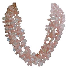 Rose Quartz Rock Crystal, Cultured Pearl 925 Silver Gemstone Necklace