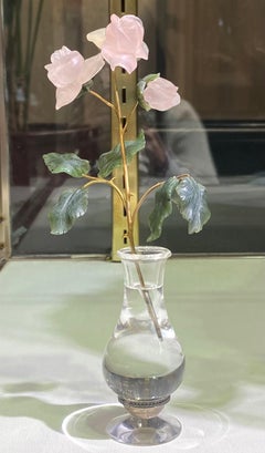 Rose Quartz Rose Flower & Rock Crystal Vase Desk Object