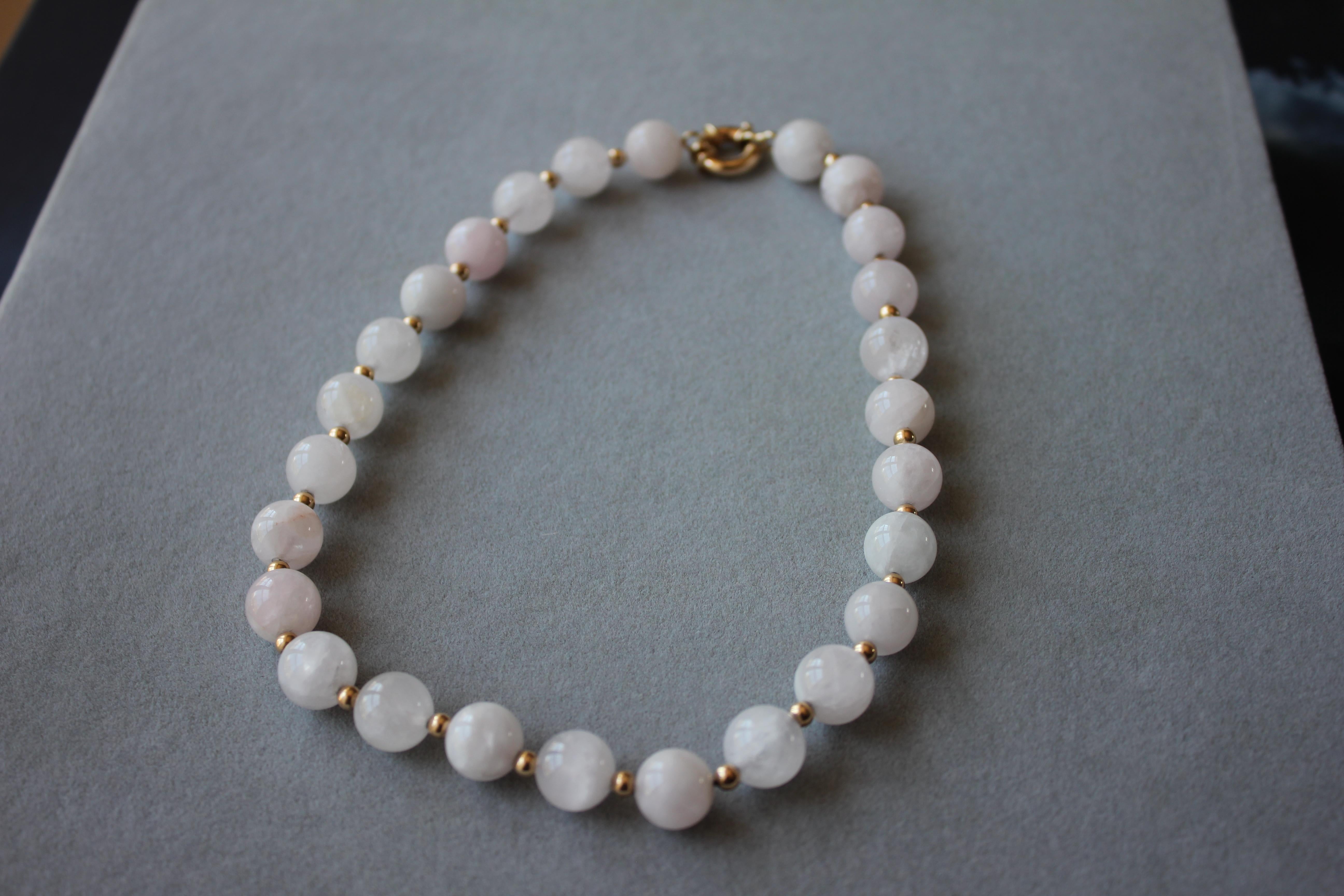 Rose Quartz Round Circle Sphere Beads 14 Karat Yellow Gold Bead Short Necklace For Sale 9