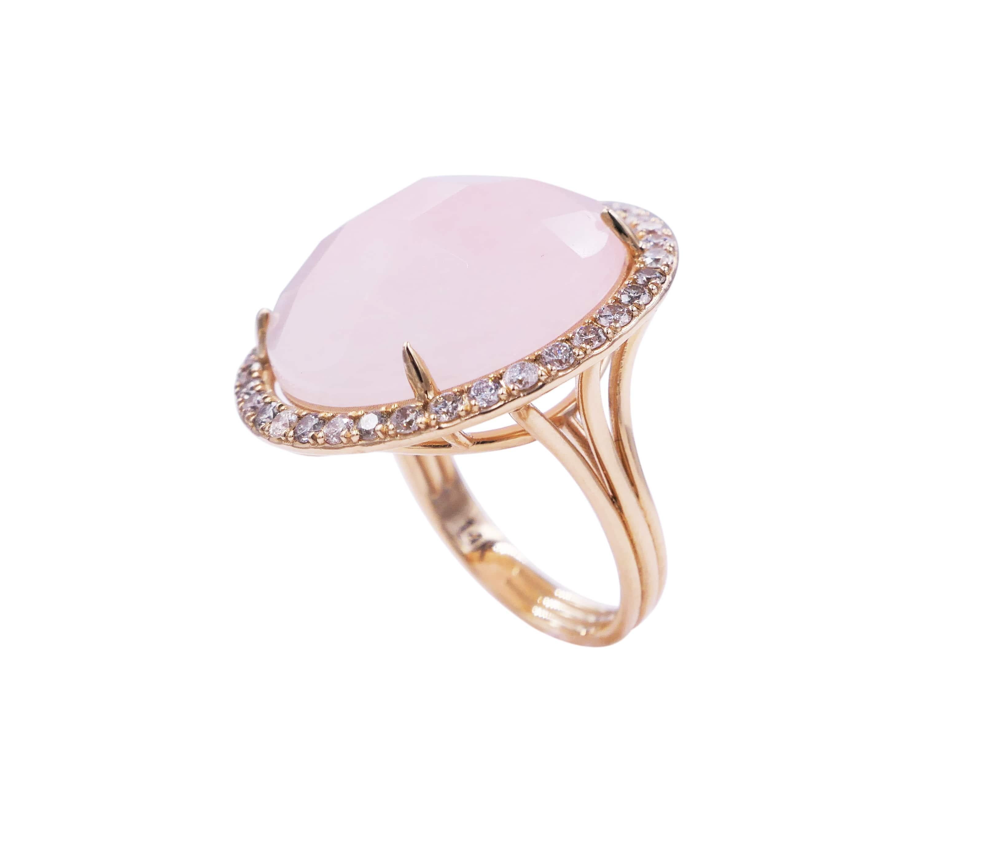 Cushion Cut Rose Quartz Round Faceted Cabochon Diamond Halo Pave 14 Karat Yellow Gold Ring For Sale