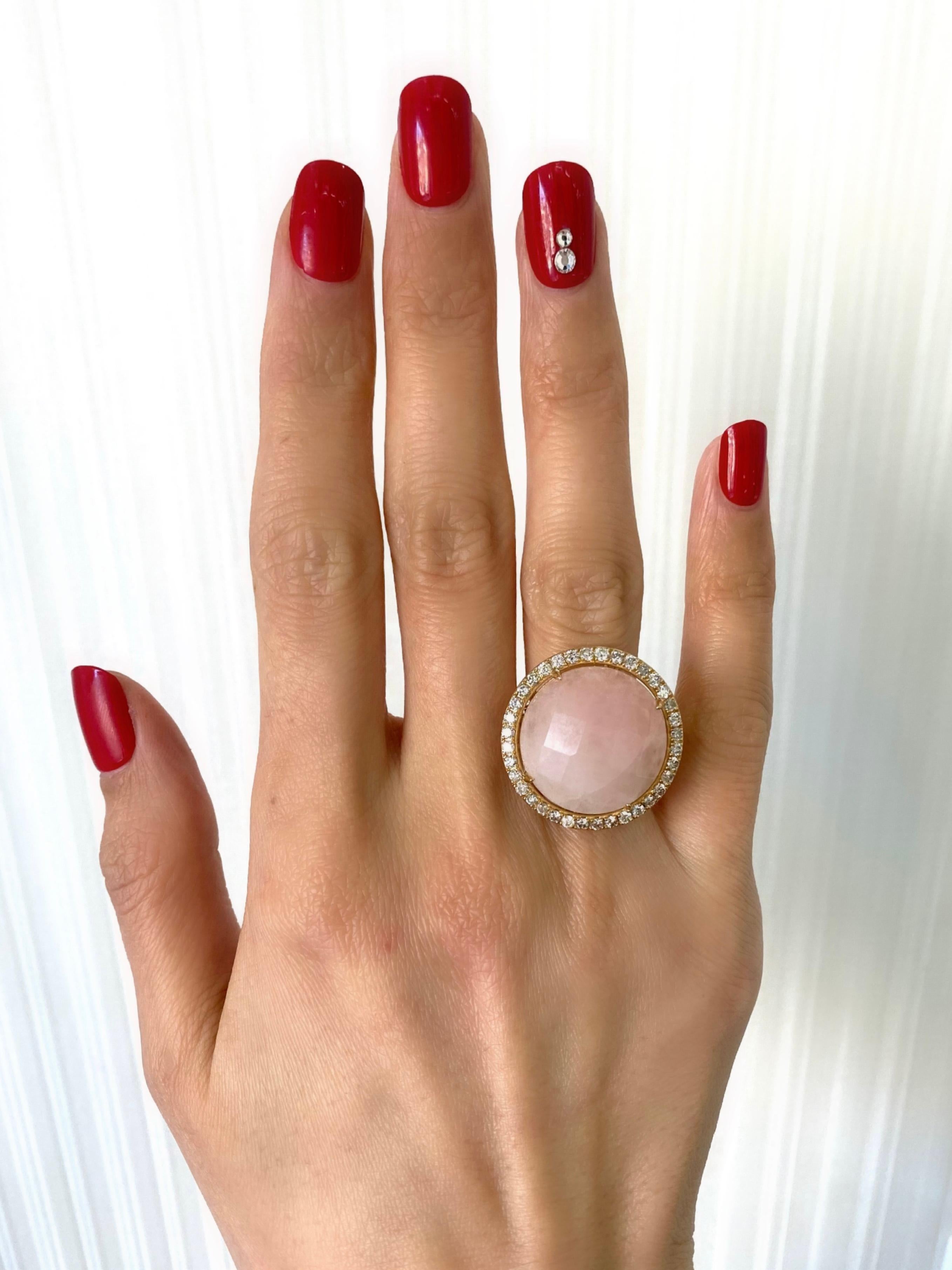 Rose Quartz Round Faceted Cabochon Diamond Halo Pave 14 Karat Yellow Gold Ring In New Condition For Sale In Oakton, VA