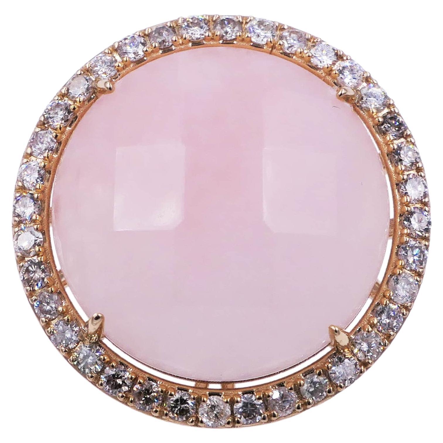 Rose Quartz Round Faceted Cabochon Diamond Halo Pave 14 Karat Yellow Gold Ring For Sale