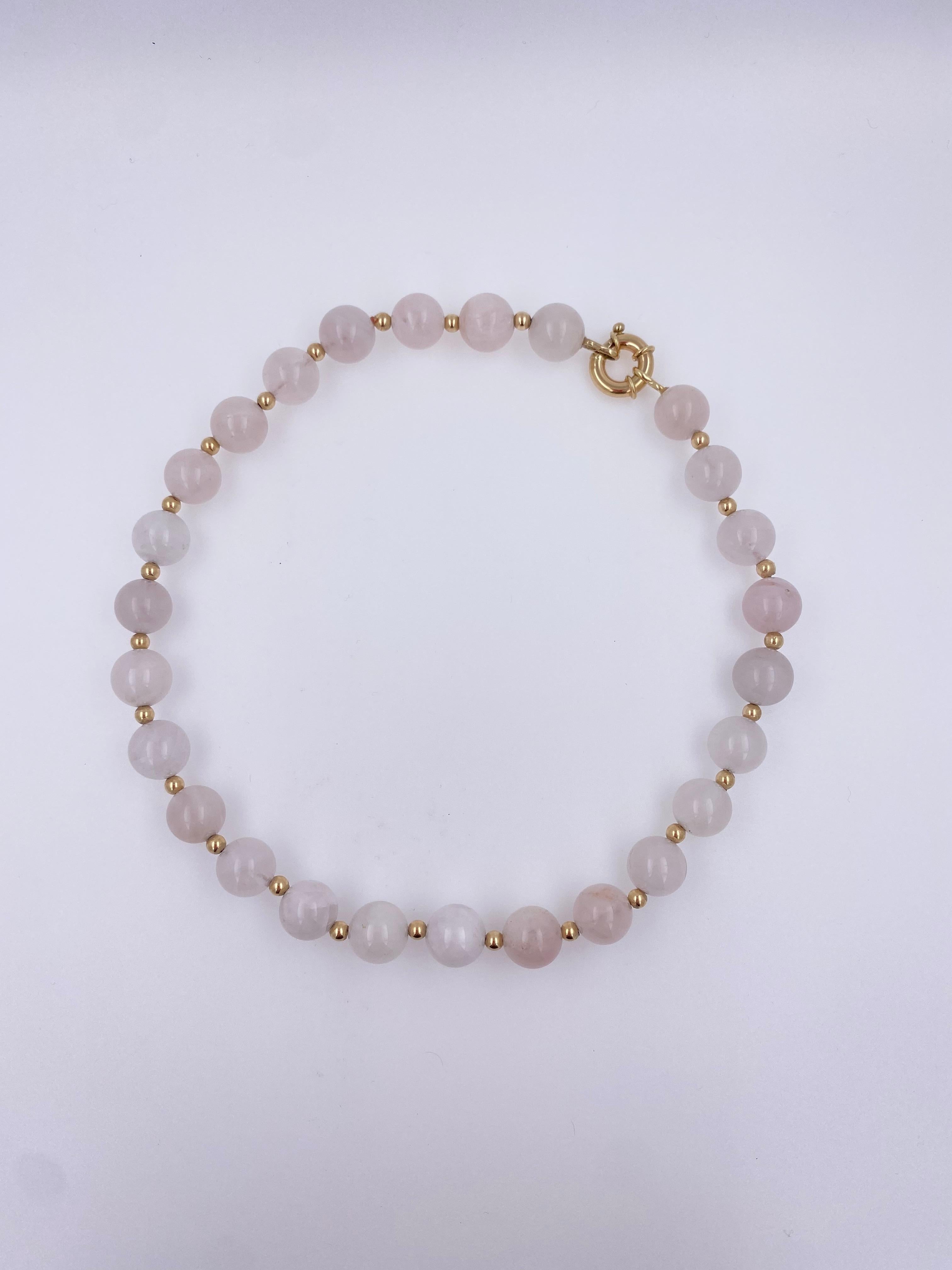 Modern Rose Quartz Round Circle Sphere Beads 14 Karat Yellow Gold Bead Short Necklace For Sale
