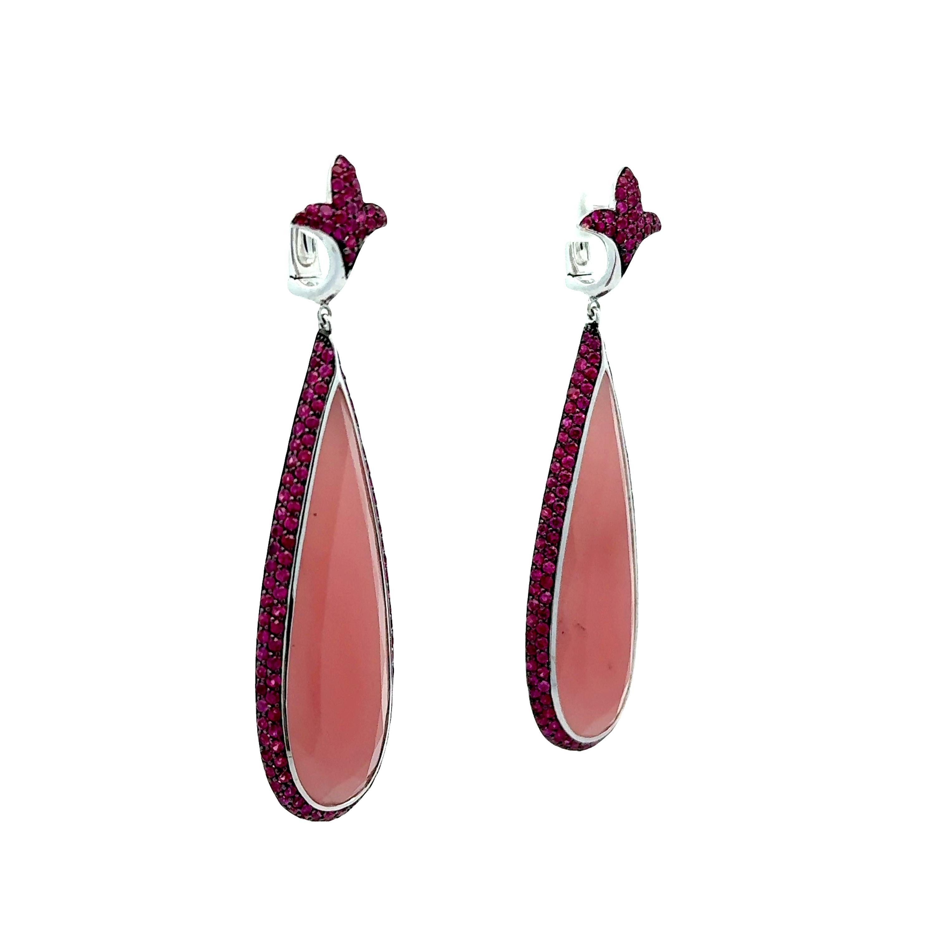 Rosenquarz Rubin 18k Weißgold Tropfen Ohrringe baumeln im Zustand „Hervorragend“ im Angebot in Beverly Hills, CA