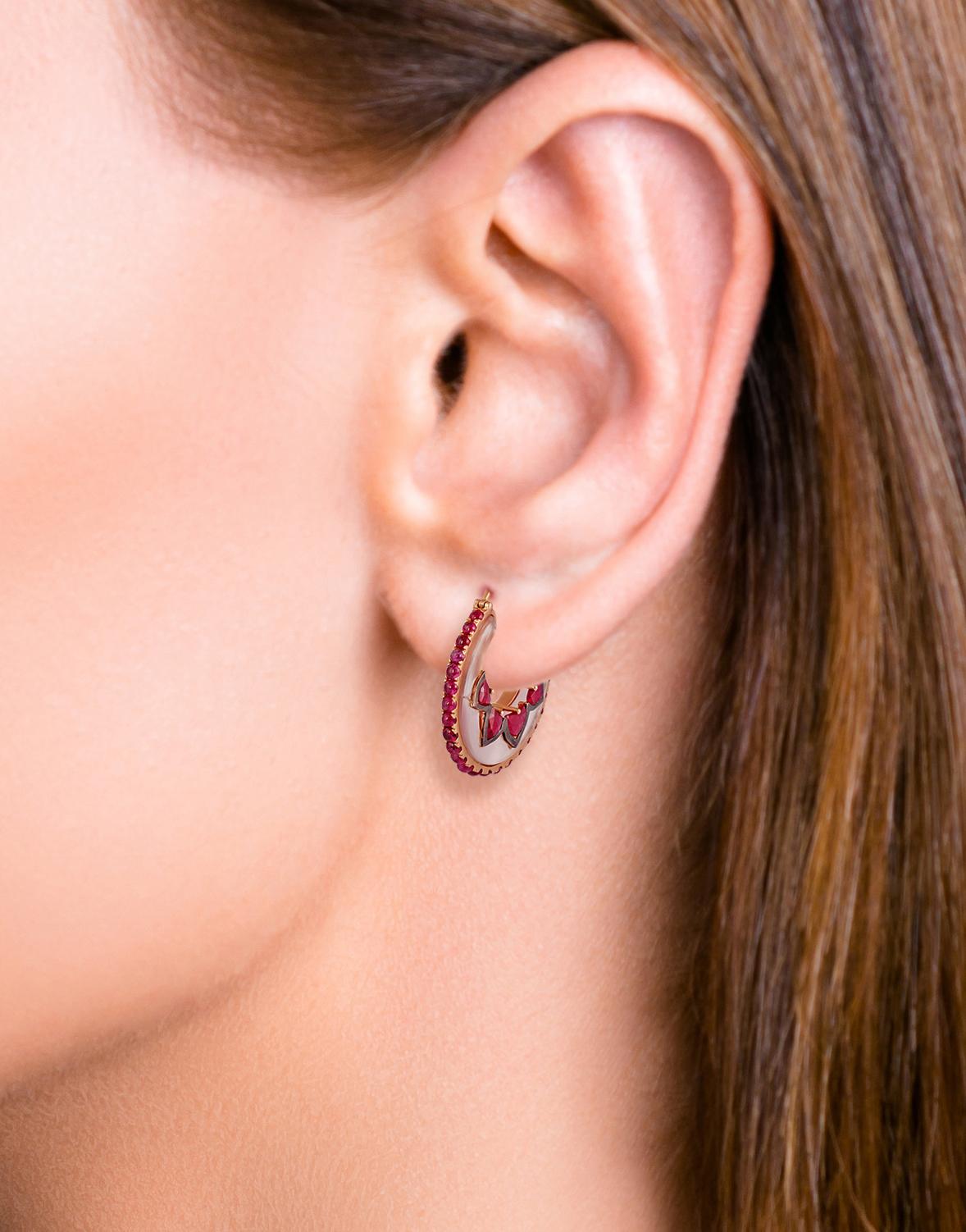Contemporary Rose Quartz & Ruby Earrings Studded in 18k Rose Gold For Sale