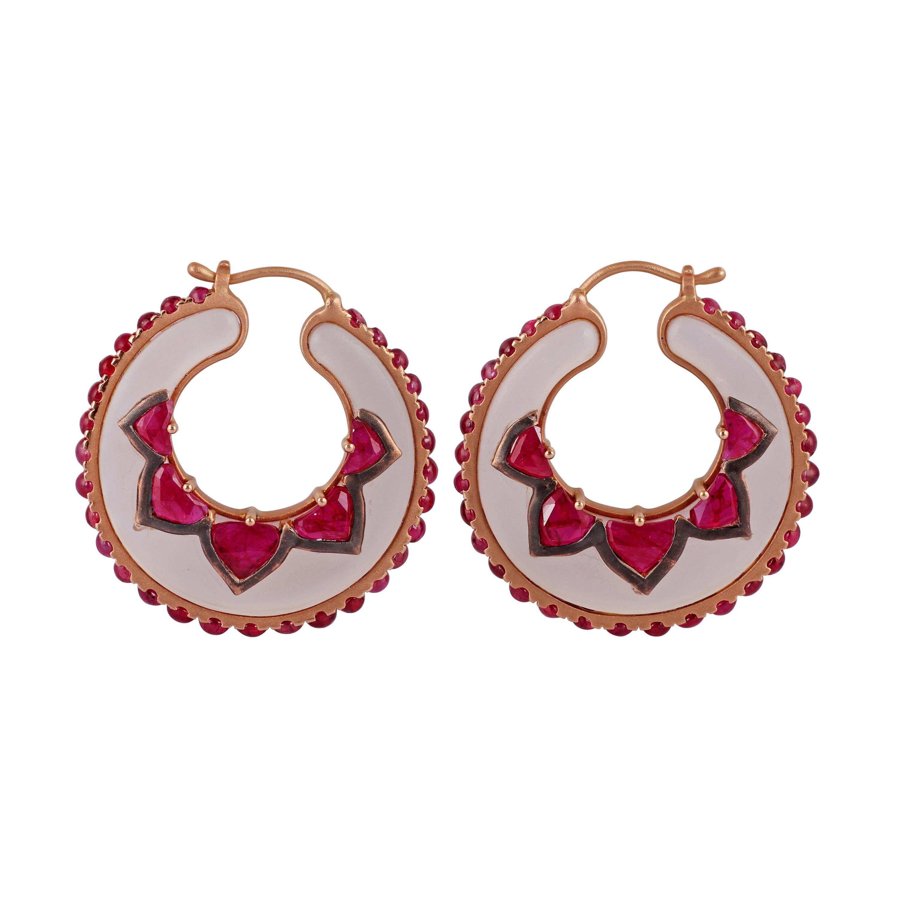 Rose Quartz & Ruby Earrings Studded in 18k Rose Gold For Sale