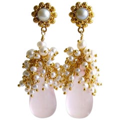 Rose Quartz Seed Pearl Cluster Earrings, Pétales de Rose IV Earrings