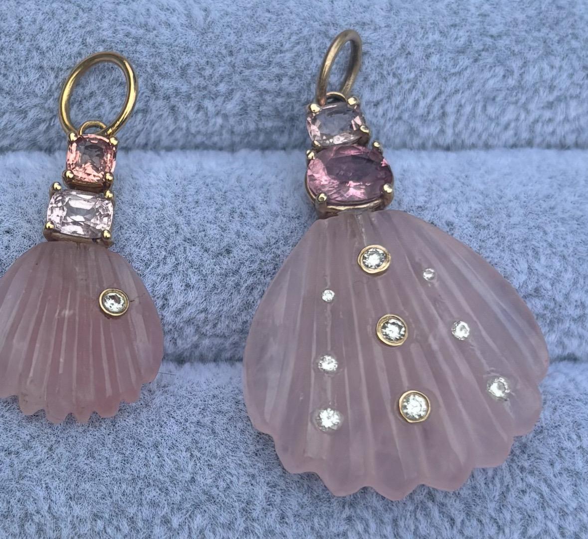 Ciondolo a conchiglia di quarzo rosa con diamanti, spinello rosa e tormalina rosa in vendita 2