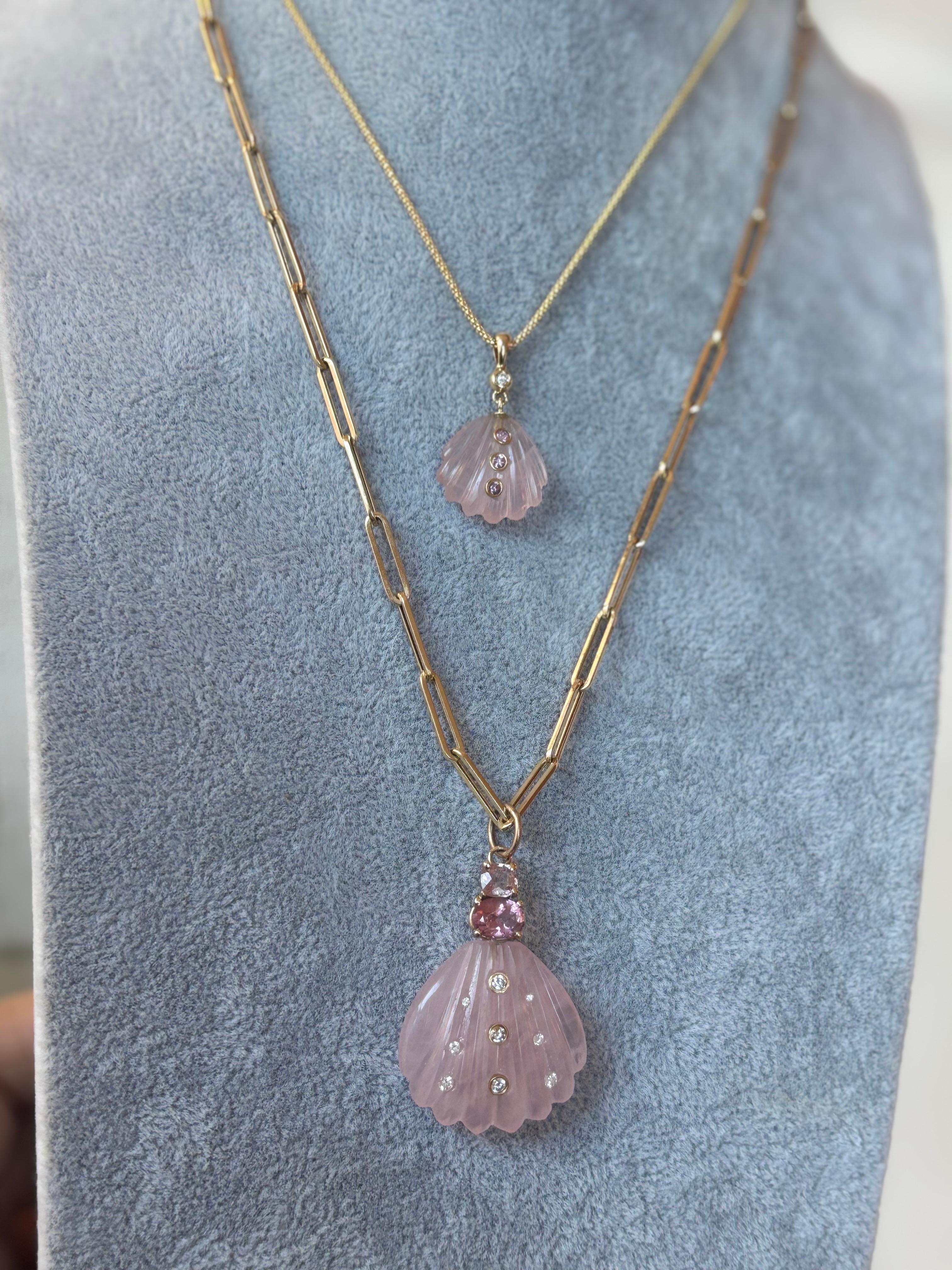 Ciondolo a conchiglia di quarzo rosa con diamanti, spinello rosa e tormalina rosa in vendita 4