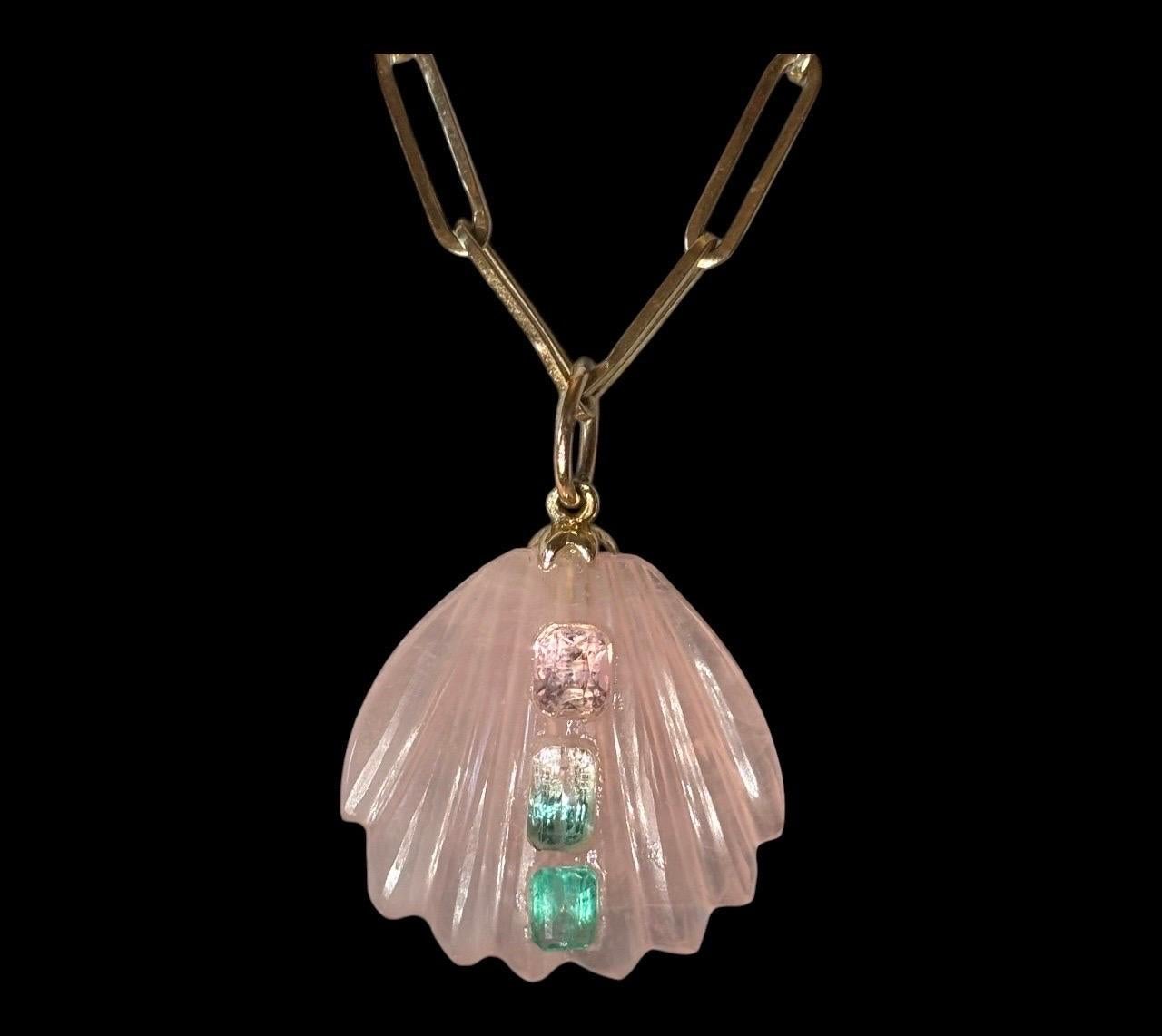 Taille mixte Coquille de Quartz Rose avec Spinelle Rose, Pastèque et Tourmaline Rose & Or 14k en vente