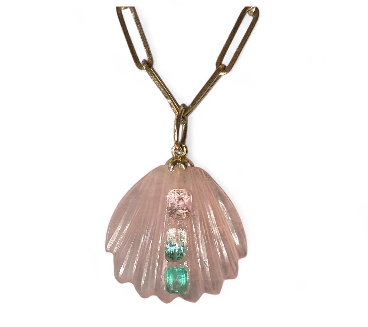 Coquille de Quartz Rose avec Spinelle Rose, Pastèque et Tourmaline Rose & Or 14k Neuf - En vente à New York, NY
