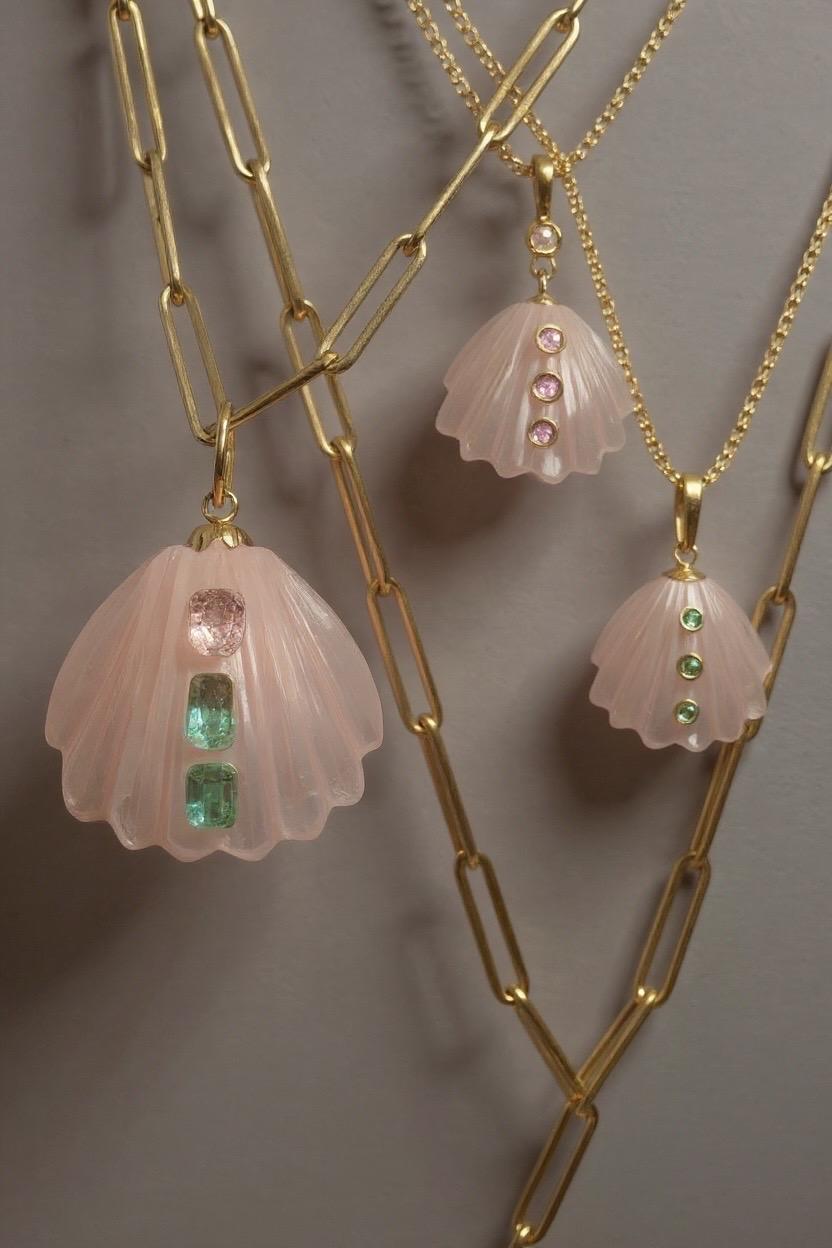 Coquille de Quartz Rose avec Spinelle Rose, Pastèque et Tourmaline Rose & Or 14k Unisexe en vente