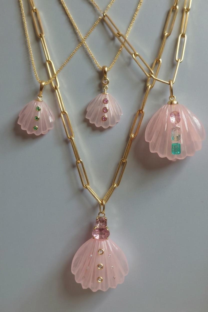 Coquille de Quartz Rose avec Spinelle Rose, Pastèque et Tourmaline Rose & Or 14k en vente 3