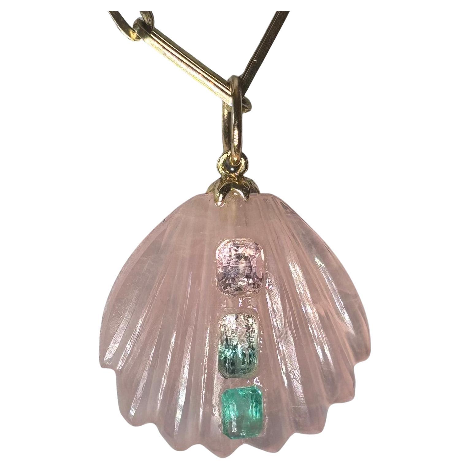 Conchiglia di quarzo rosa con spinello rosa, anguria e tormalina rosa e oro 14k