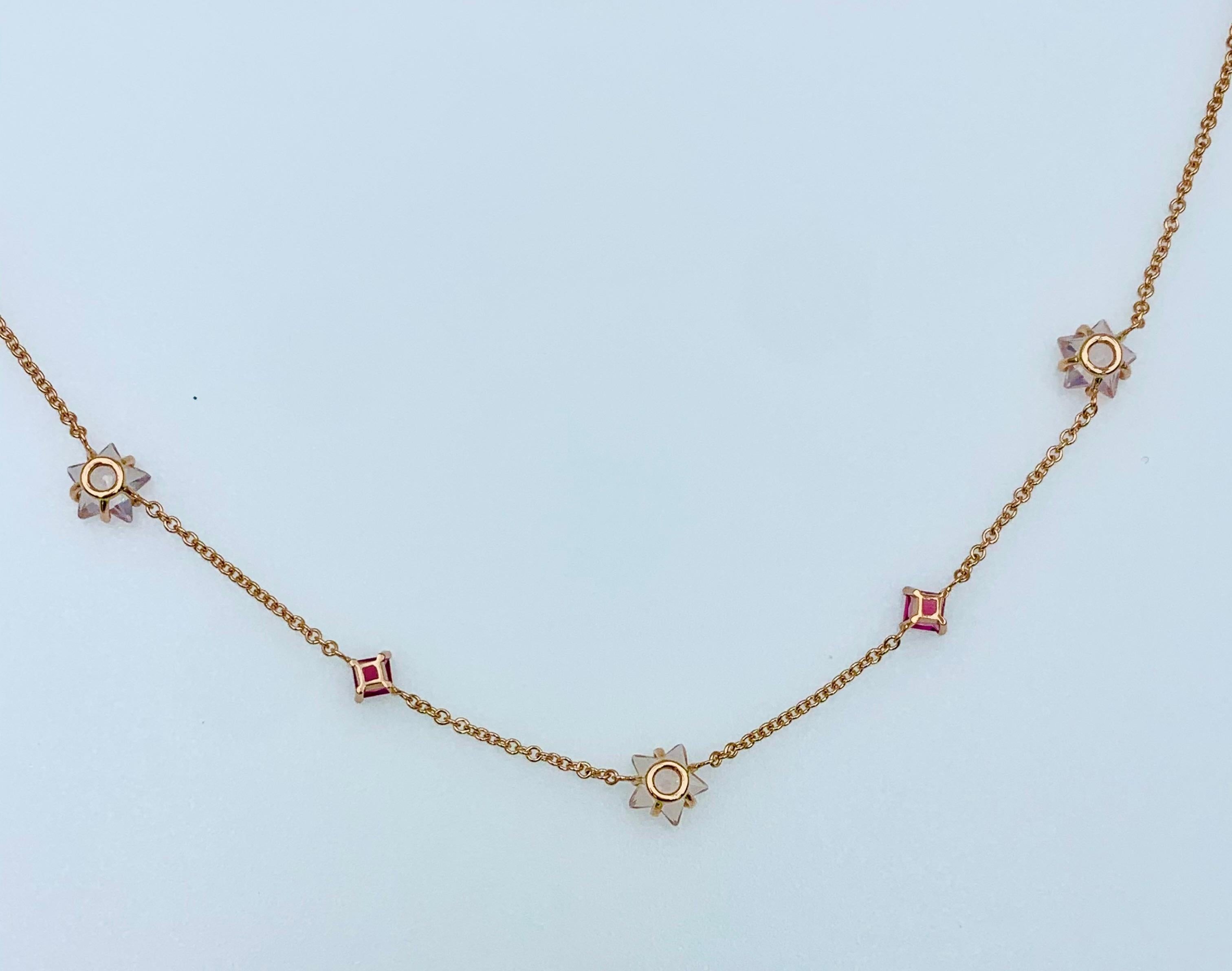 Contemporary Rose Quartz Stars and Tourmaline Diamonds Rose Gold Chain Choker Necklace For Sale