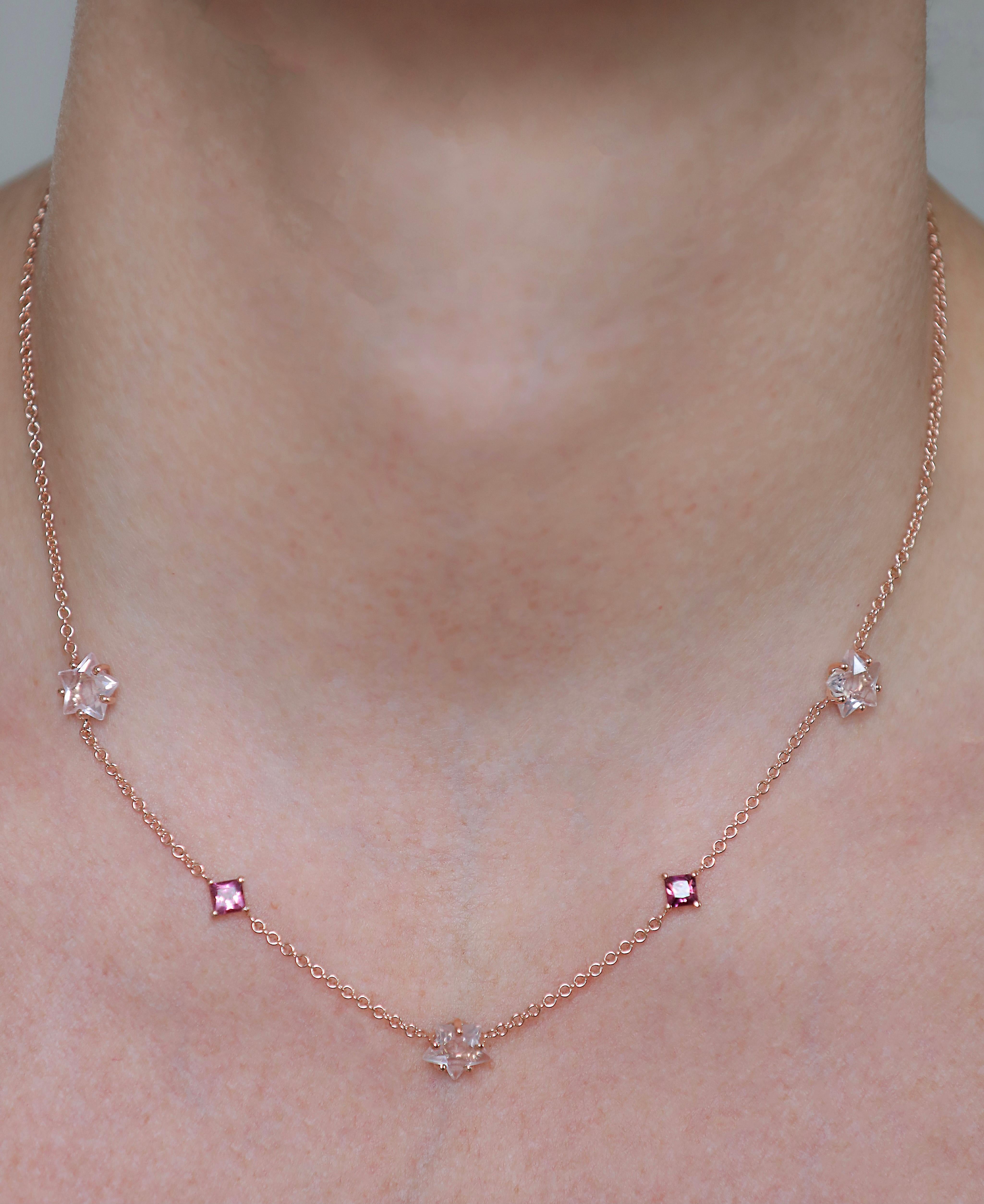 Square Cut Rose Quartz Stars and Tourmaline Diamonds Rose Gold Chain Choker Necklace For Sale