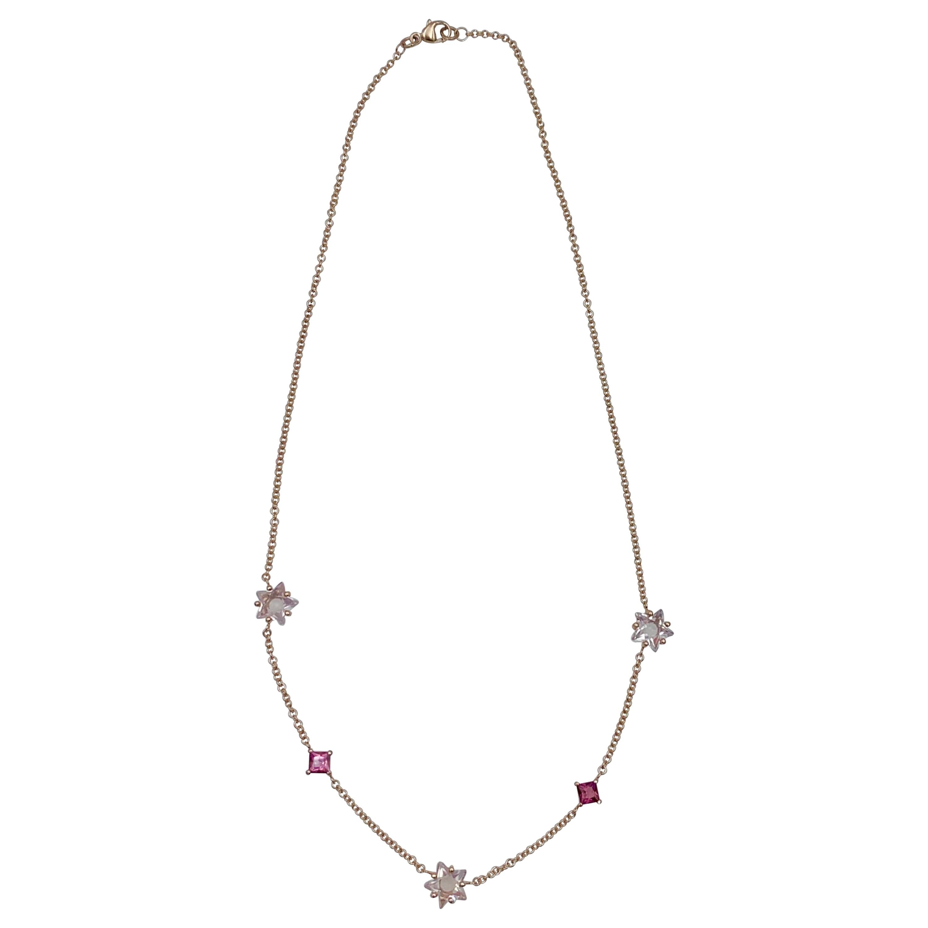 Rose Quartz Stars and Tourmaline Diamonds Rose Gold Chain Choker Necklace For Sale